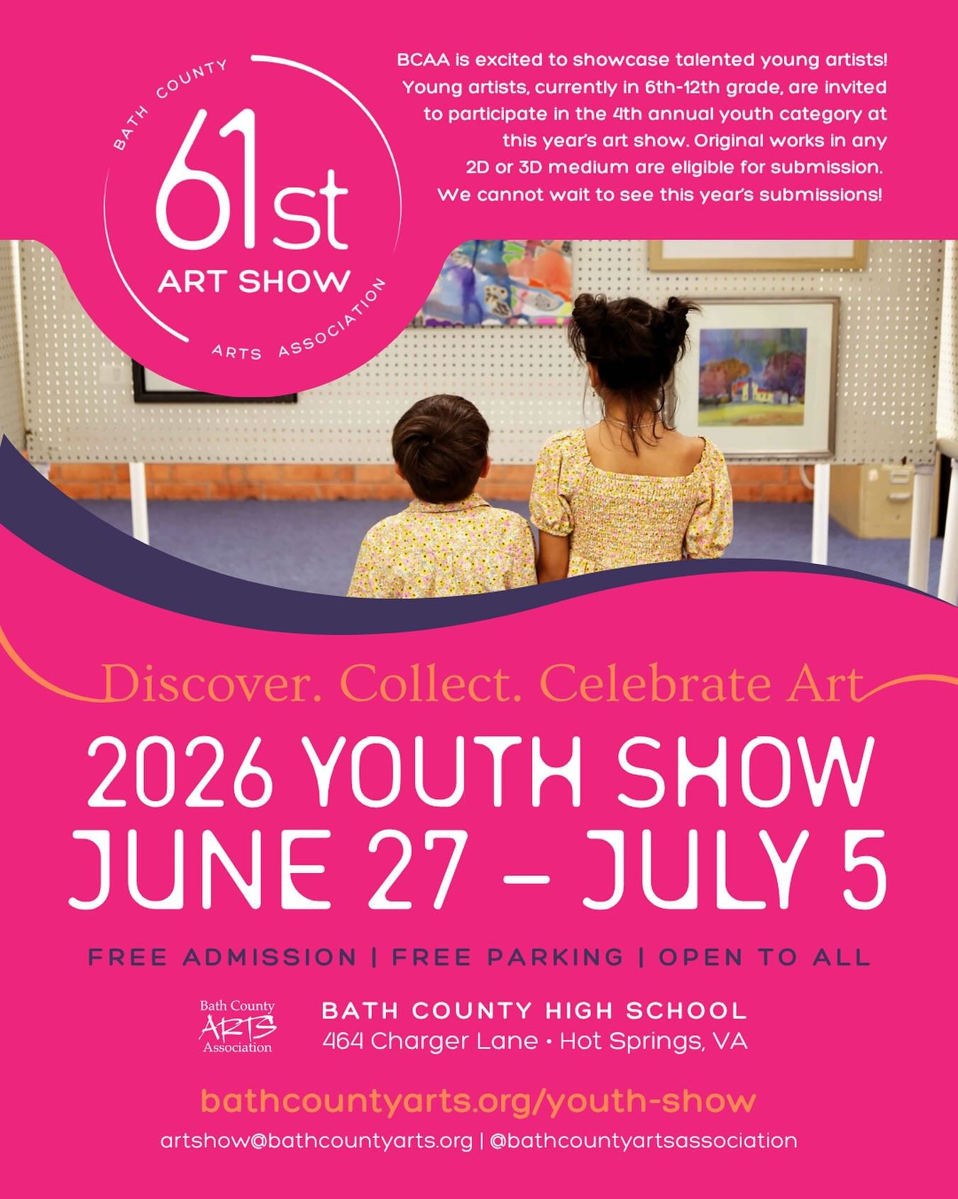 Calling all young artists! 🎨✨ Registration is NOW OPEN for the 2026 Bath County Youth Art Show!
If you&rsquo;re in 6th&ndash;12th grade, this is your moment to shine. Submit your original 2D or 3D work and make your mark! 🏆
No entry fee. Real award