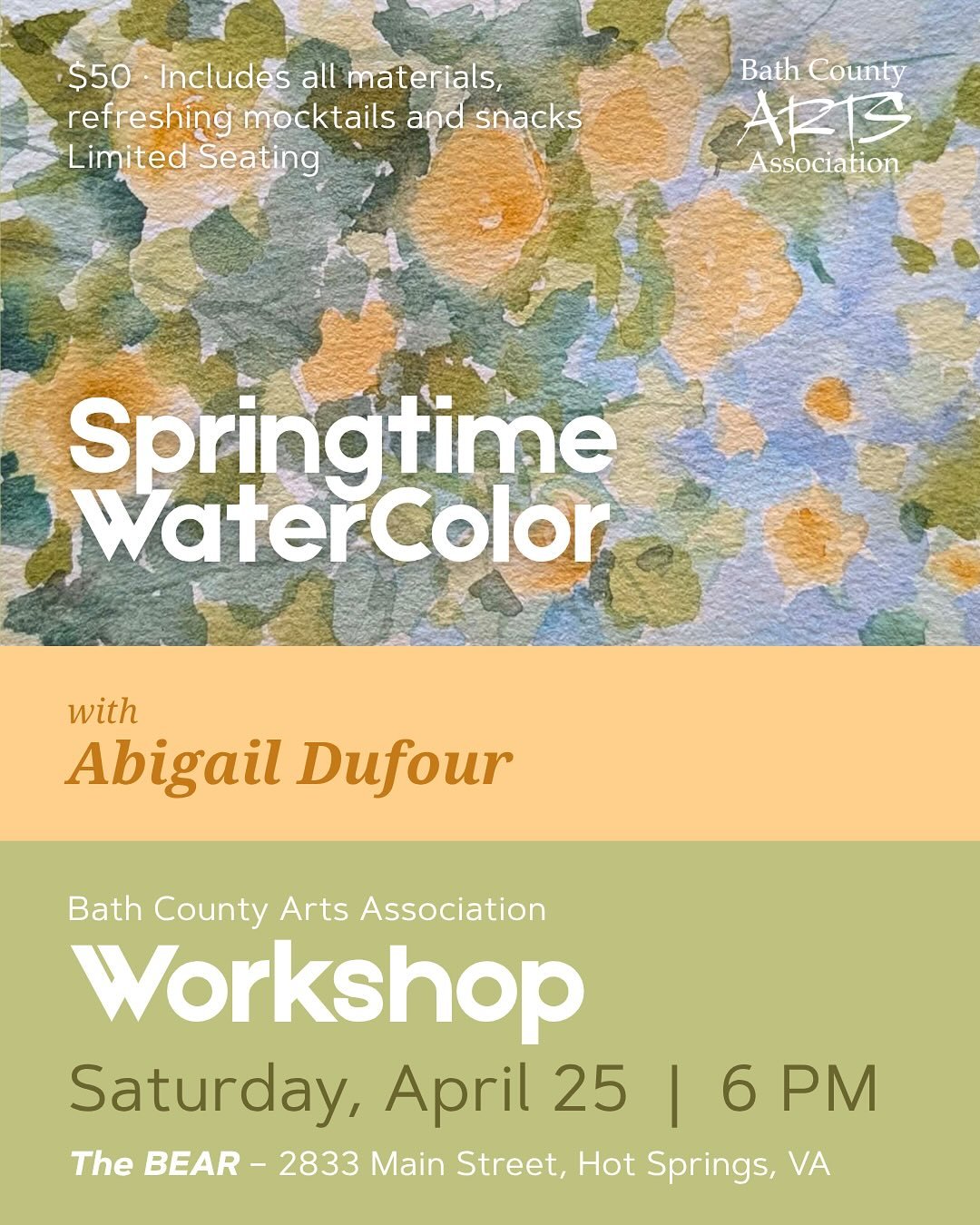This Saturday! 🌸 Join us for a relaxing evening of watercolor painting with the talented Abigail Dufour. Sip on refreshing mocktails, enjoy some snacks, and create something beautiful. No experience needed. All materials provided!

Saturday, April 2