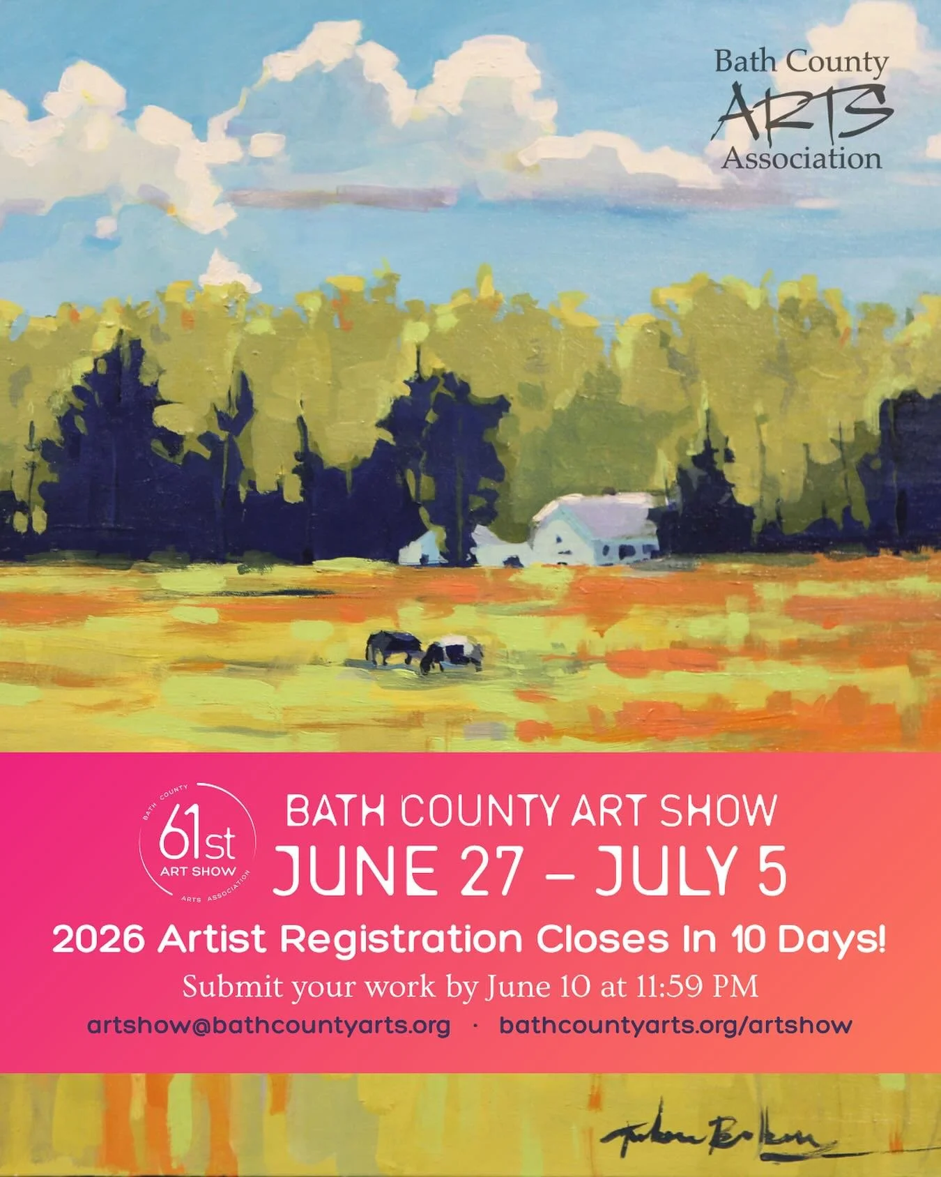 ⏰ 10 days left to register for the 61st Annual Bath County Art Show!

Submit your work by June 10 at 11:59 PM &mdash; don&rsquo;t miss your chance to be part of the region&rsquo;s largest visual arts event.
A couple of reminders before you register:
