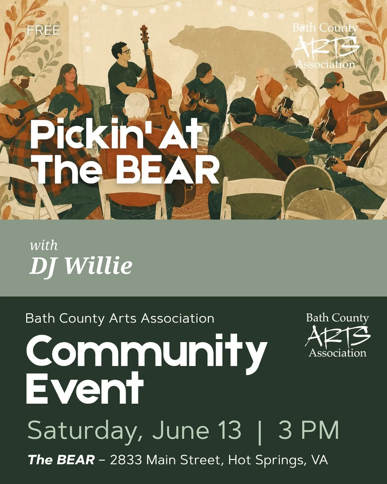 Come jam at the BEAR next weekend! 🎶
Every second Saturday of the month, this two hour acoustic picking session takes over our downtown space. Musicians and singers of all levels are invited to come and collaborate. Listeners are welcome too!

Open 