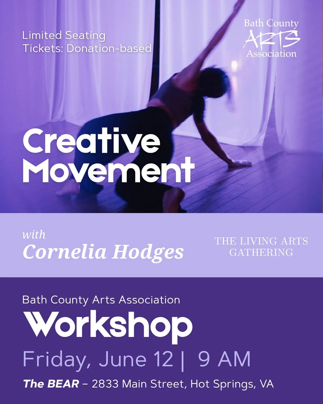 Join us this Friday at The BEAR for a creative movement class for adults!

An exploration of creative movement lead by Cornelia Hodges of Living Arts and Sage Tanguay of the BEAR. This is an opportunity to move your body in ways you might now experie