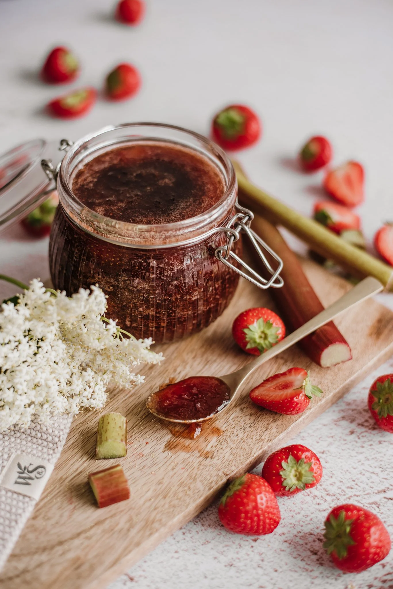 Elderflower, rhubarb and strawberry jam