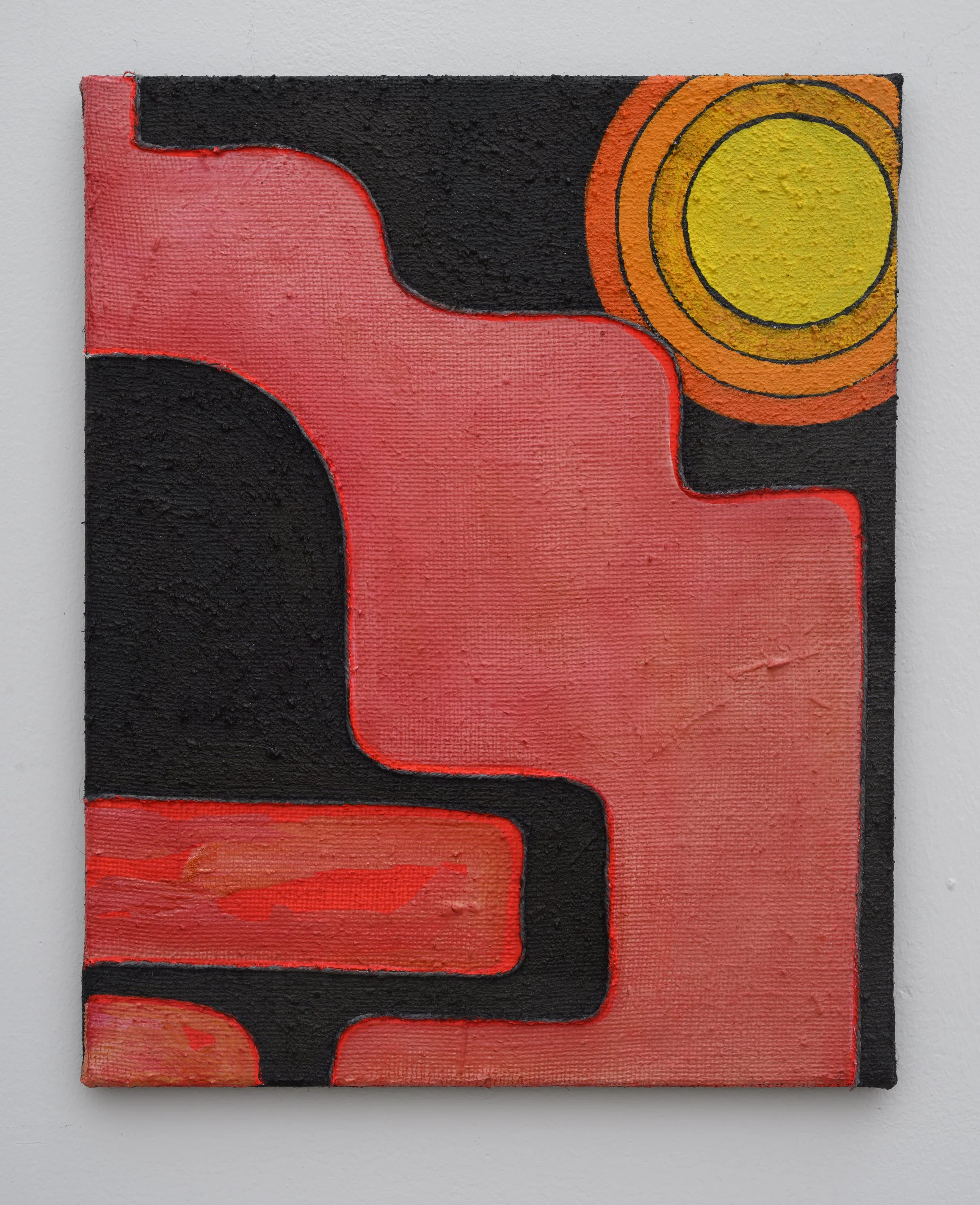 abstract painting on burlap with a black background and a red design going from the top left towards the right and a gradient circle sun with four circles in the upper right going from a red-orange to yellow in the center