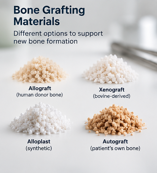 Comparison of dental bone grafting materials including allograft, xenograft, synthetic alloplast, and autograft for jawbone preservation.