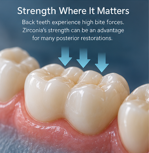 Illustration of ceramic crowns on back molars showing how zirconia dental restorations withstand chewing pressure and heavy bite forces.