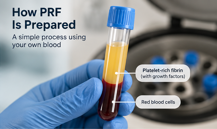 Platelet-rich fibrin (PRF) preparation using a patient's own blood, separated by centrifuge to support healing after tooth extraction.