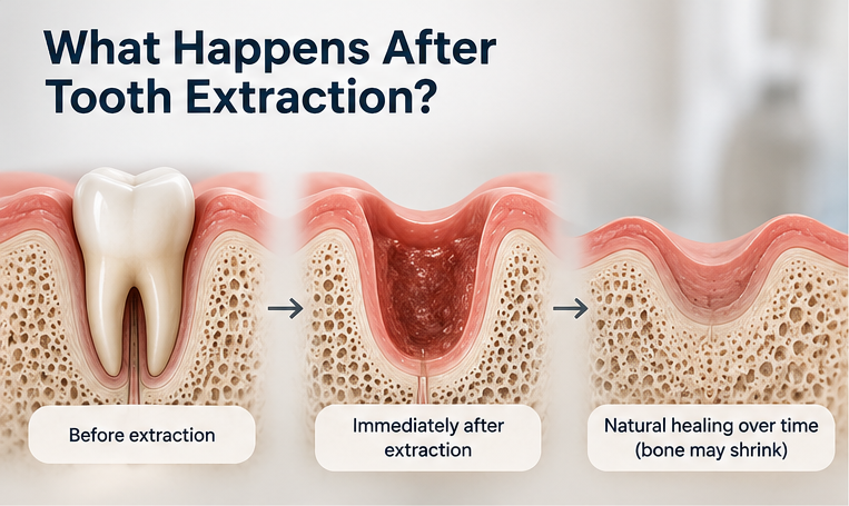 Medical illustration showing a tooth before extraction, the empty socket after removal, and natural jawbone remodeling during healing.