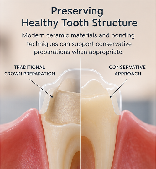 Dental illustration comparing traditional crown preparation with a conservative ceramic restoration designed to preserve healthy natural tooth structure.
