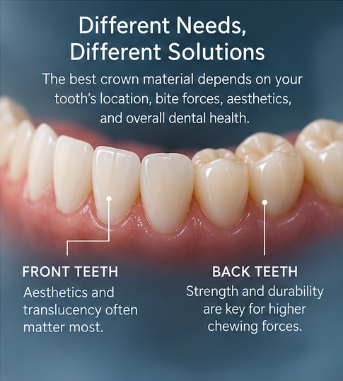 Illustration of front and back teeth demonstrating how dentists select zirconia or lithium disilicate crowns based on tooth location, bite forces, and aesthetics.