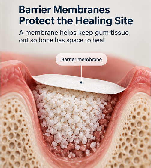 Cross-sectional illustration of a barrier membrane covering bone graft particles in a tooth extraction socket to support guided bone regeneration.