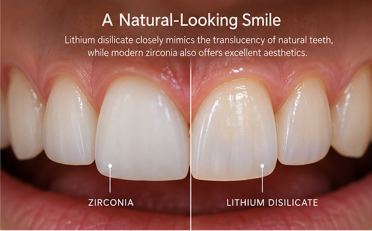 Close-up illustration of front teeth comparing zirconia and lithium disilicate crowns, highlighting natural tooth color, light transmission, and aesthetics.
