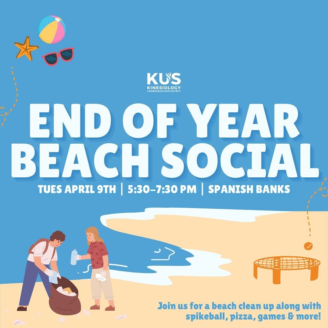 We can&rsquo;t believe this school year is already coming to a close?! Join us at Spanish Banks for an End of Year Beach Social 🏖️☀️💚

KUS Sustainability will be hosting a beach clean up along with spikeball, pizza, games &amp; more!!

🗓️ Tuesday,