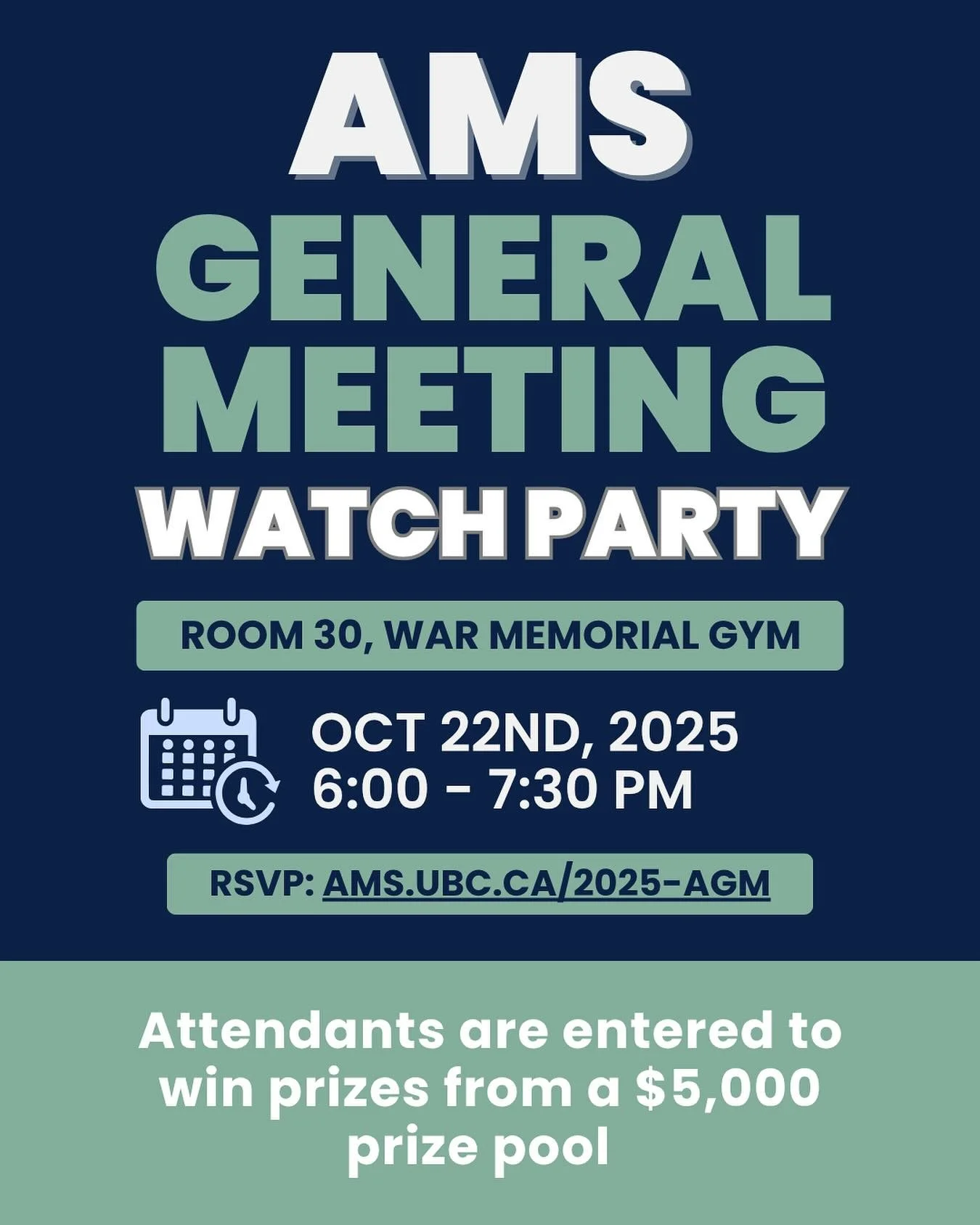 The annual AMS General Meeting + Townhall is happening NEXT WEEK and we&rsquo;re hosting a watch party, complete with dinner! 🍕🗓️👫

Don&rsquo;t miss out! By attending, students and clubs also have the chance to win various prizes from a $5,000 Pri
