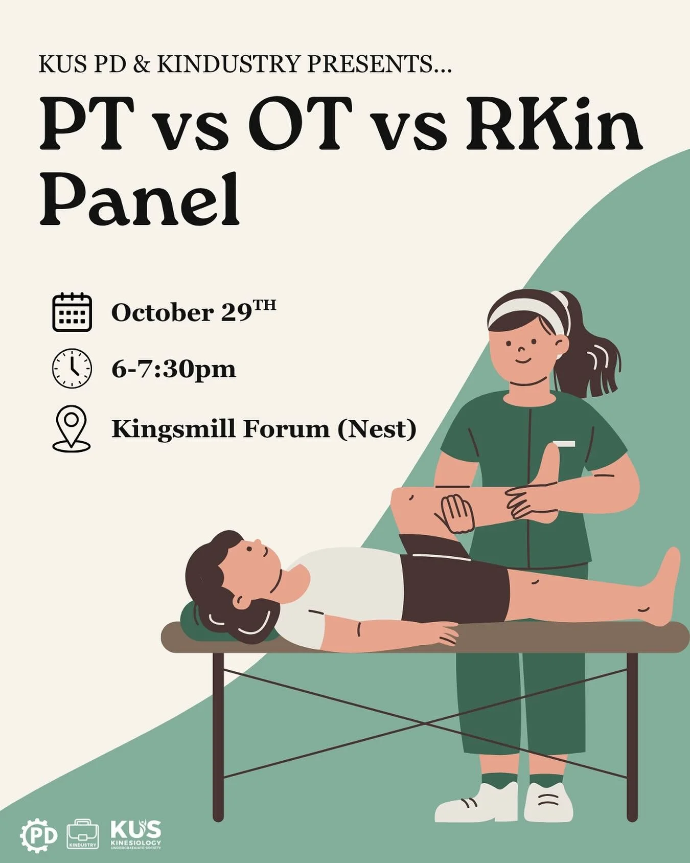 Interested in learning more about PT, OT, or RKin? 
Come by the Professional Development Committee’s collaboration with Kindustry to hear from a panel of professionals ๐๏ธ๐ง‍โ๏ธ
Listen to first hand experience in the fields of physiotherap