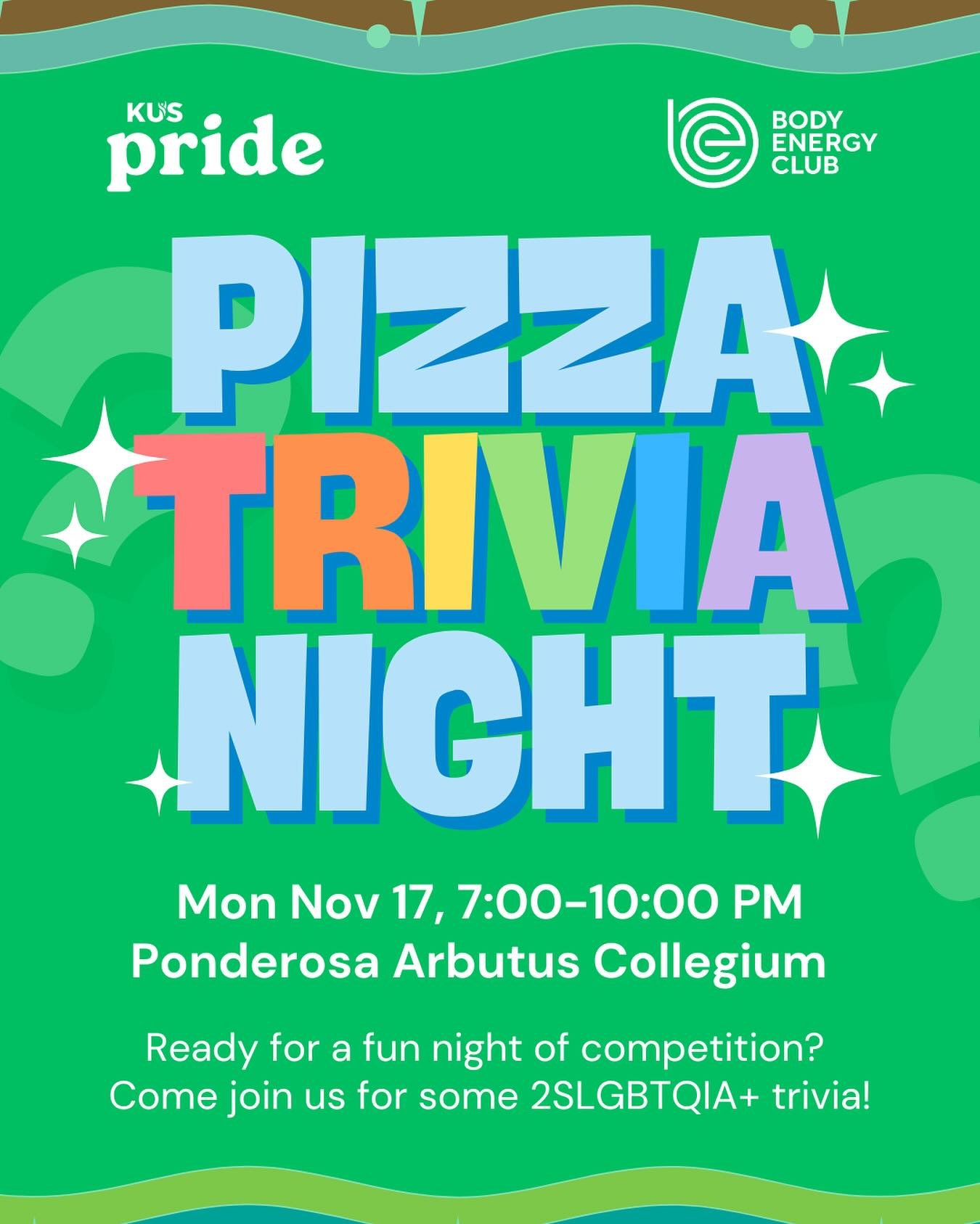 Think you know your trivia? Come join us at our KUS Pride Pizza Trivia Night and Jeopardy! Bring your friends (or make some new ones!) while enjoying free pizza, fun prizes, and learning more about our committee and how you can get involved. Happenin