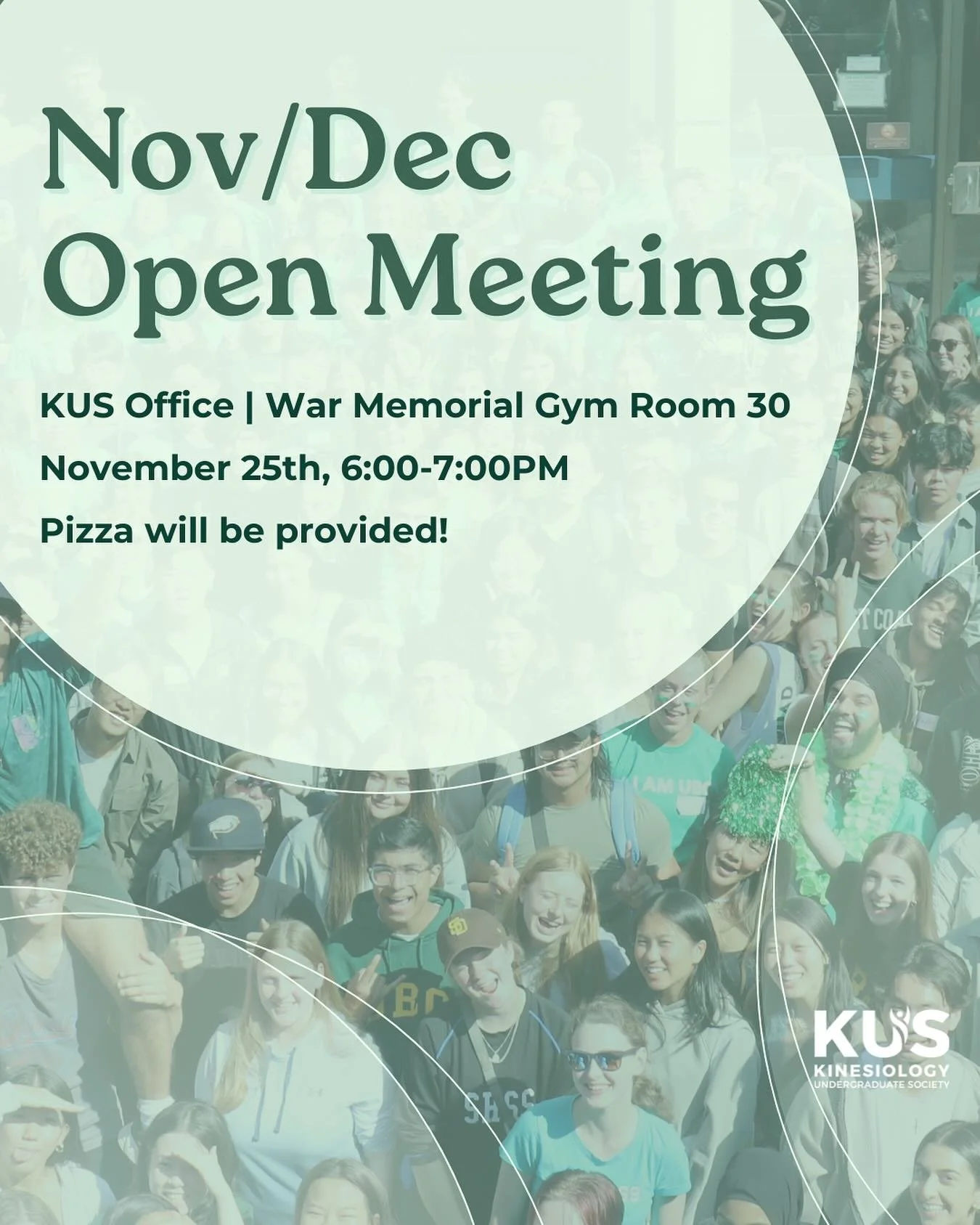Sick of the cold weather and want free food?! 🥶

Join us in the KUS office for our monthly open meeting! Bring feedback, hear updates, and sit back on our couches with a slice in hand 😋🍕

Meet us in our humble abode at Room 30 of War Memorial Gym 