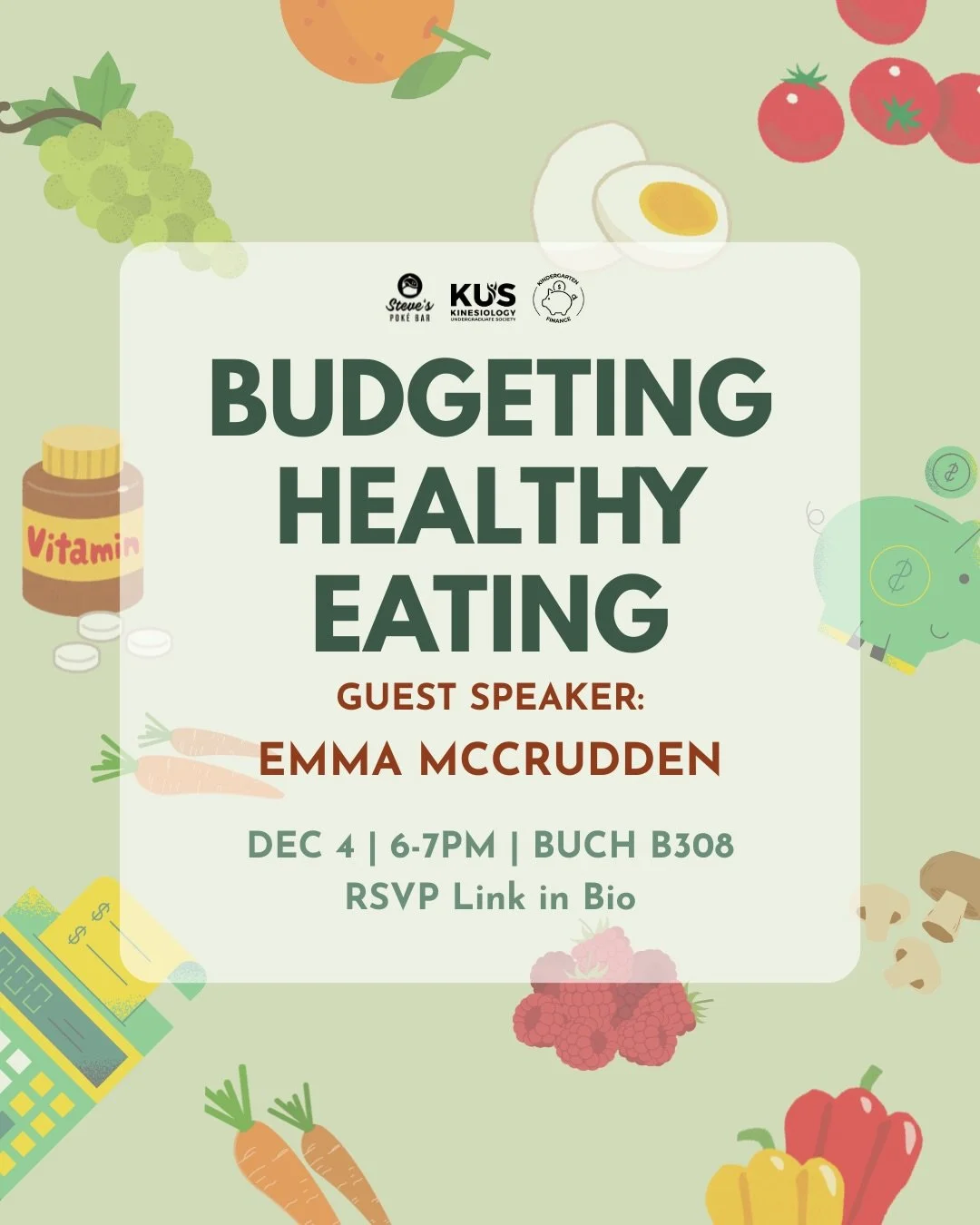 🌱 Ready to learn about healthy eating AND how to save money💸💰?! Our guest speaker Emma McCrudden will be teaching us everything there is to know, including: 

🥦 What healthy eating actually means
💊 Which supplements are worth your money
❌ Common