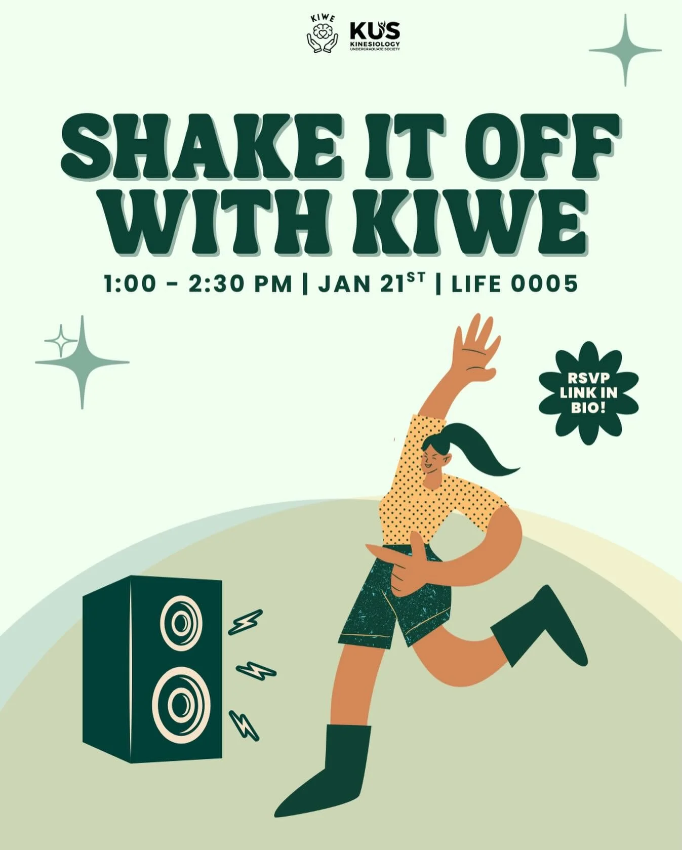 Hey Kinners, get your groove on at Shake it Off with KiWe!! 💚🕺

Grab your friends and drop by for a 90-minute hip hop style dance class with our very own Kin student dance instructor, Pegah!👯&zwj;♀️🪩

The class is open to all skill levels, even i