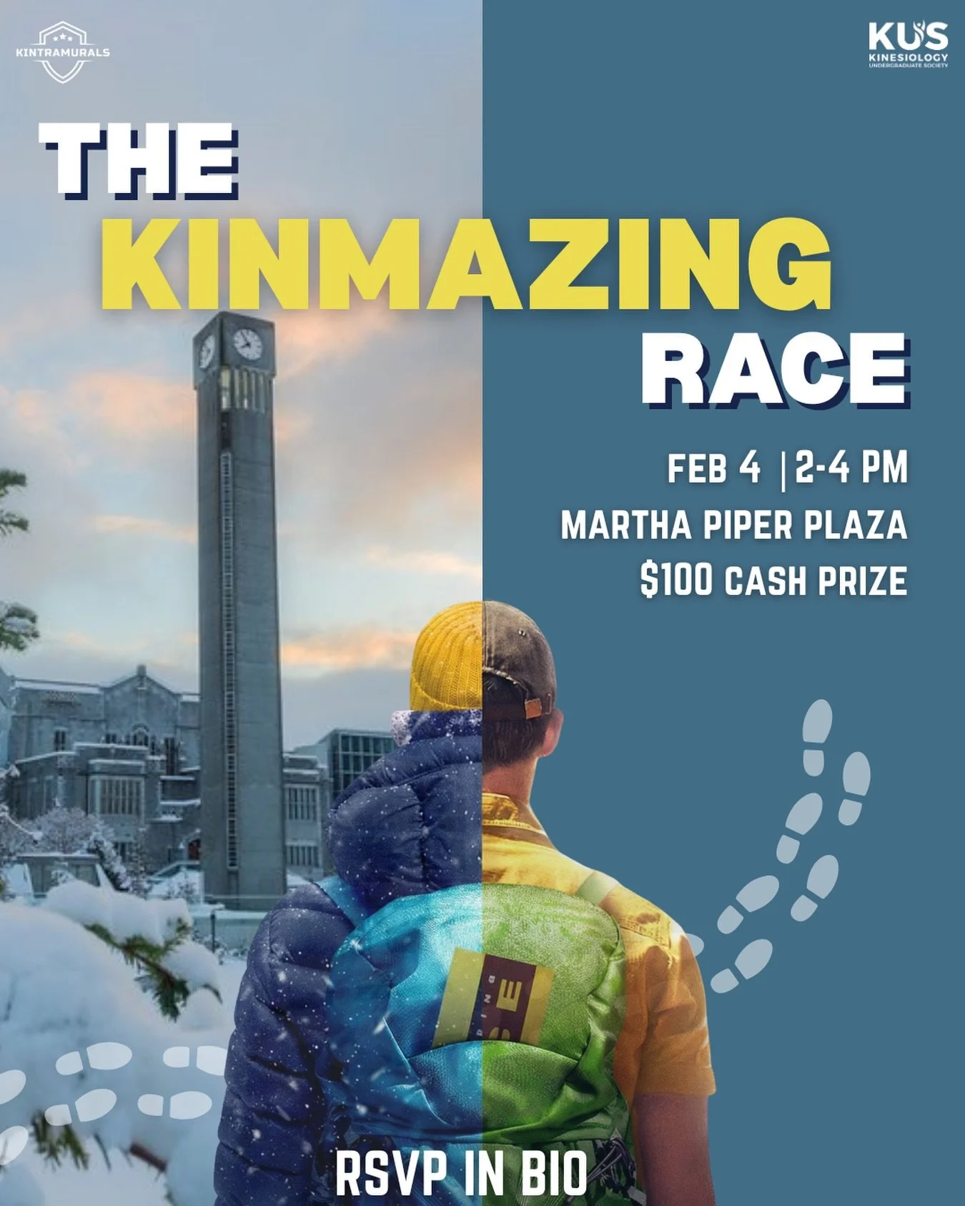 Hey Kinners! 

Think you&rsquo;ve got what it takes? 🏃&zwj;♂️💨 Grab a partner and race across campus in the KINmazing Race. Complete challenges, move fast, and compete for a $100 cash prize‼️💵

The race is open to all students across campus and th