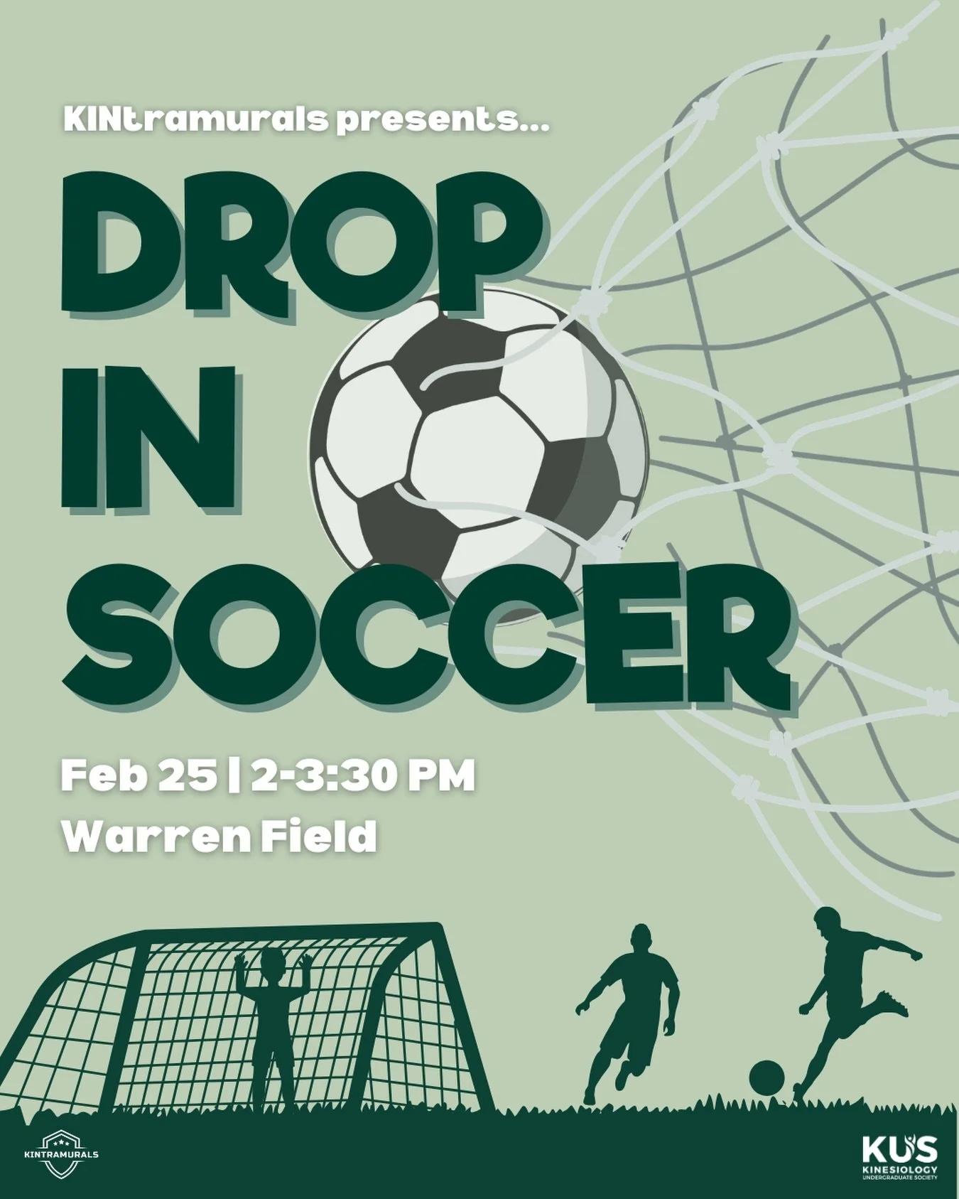**Location Change!**

Hey Kinners! 

Ready to trade the lecture hall for the turf? 🏟️ We&rsquo;re hosting KINtramurals Drop-In Soccer and you&rsquo;re invited! 💚

Whether you&rsquo;re a pro or have never touched a soccer ball in your life, come out