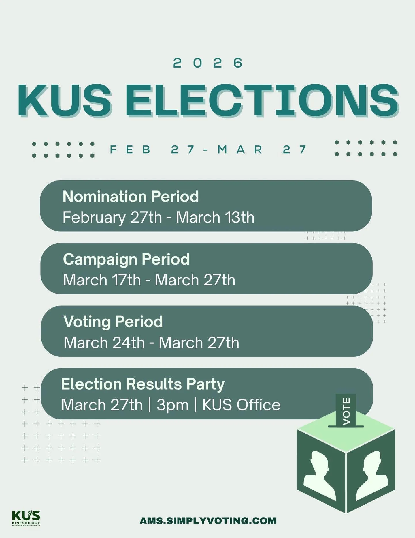 BIG NEWS!!🚨⏰

Nomination period for the 2026/2027 KUS Executive team is now LIVE! 🙋📬

If you&rsquo;re passionate about KUS and want to make a difference, this is your sign. Get all your signatures and send your sheet in by March 13th at 11:59AM! ✍