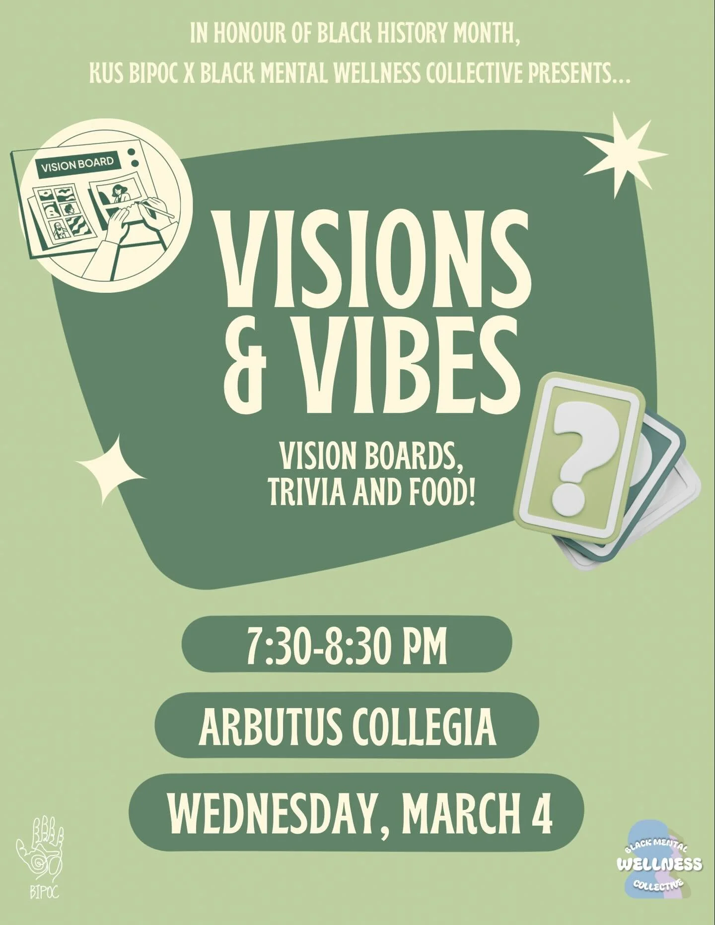*NEW DATE* MARCH 4 FROM 7:30-8:30 PM

Join us in honouring Black History Month with cultural trivia, vision boards, and a celebration of Black excellence and pride. There will be cultural food as well :) 

Happening in the Arbutus Collegia (6488 Univ