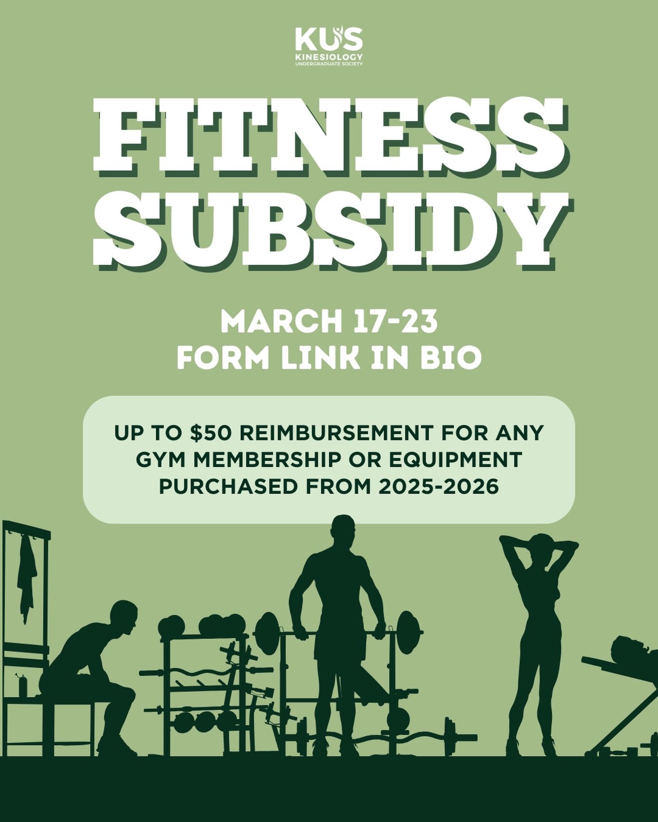 Can we be swole-mates forever💪?

Fuel your fitness journey with the KUS Fitness Subsidy. Receive up to $50 in reimbursement for a gym membership or fitness equipment purchased during the 2025/26 academic year 🏋️&zwj;♀️ 

The form will be open March