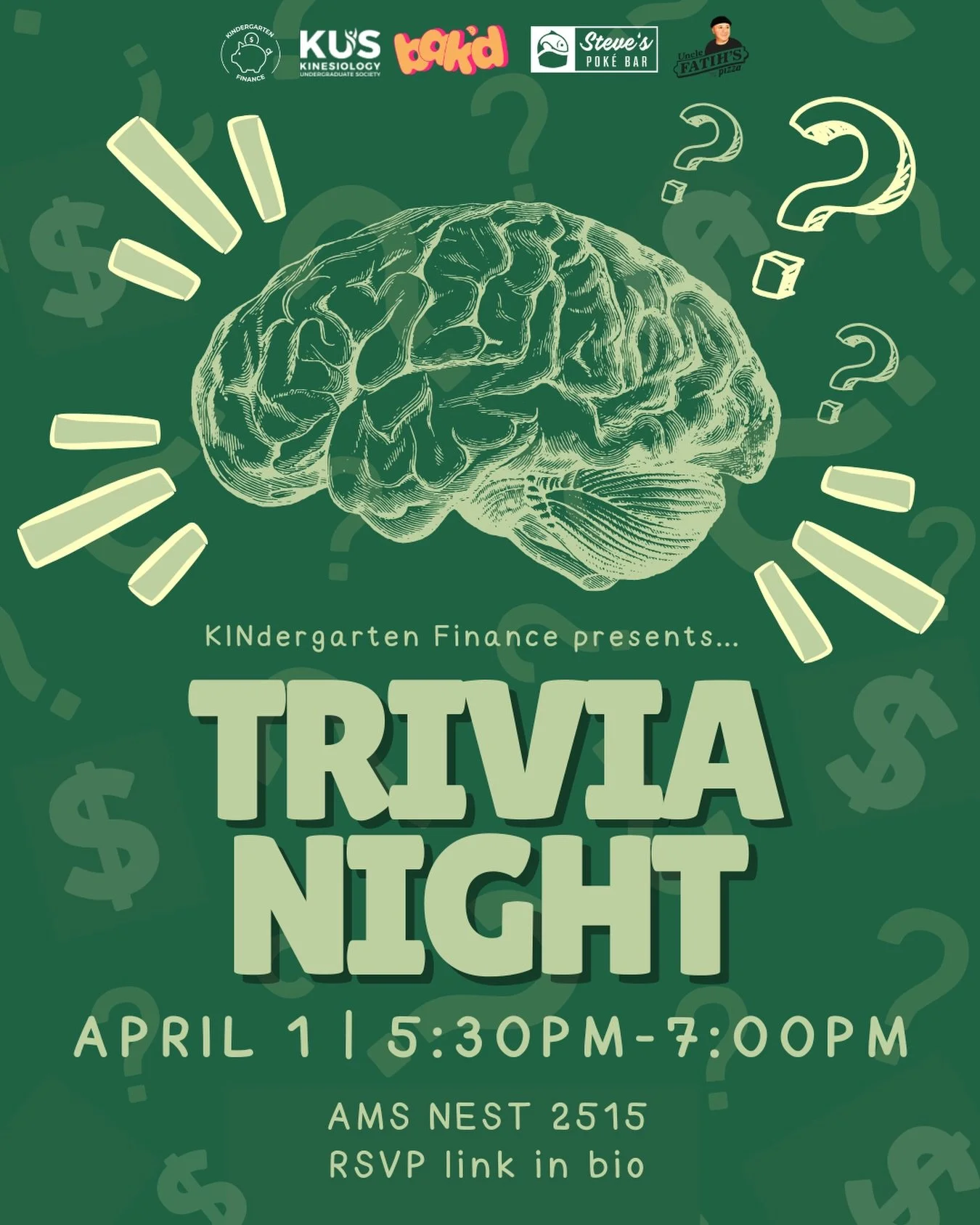 Hey Kinners!!

Think you&rsquo;ve got the best &ldquo;cents&rdquo; of humor in KIN? 💸🧠 Come relax and de-stress right before exams at our Finance Trivia Night! 🗓️✨ 

This event is the perfect chance for KIN students to hang out and compete for pri