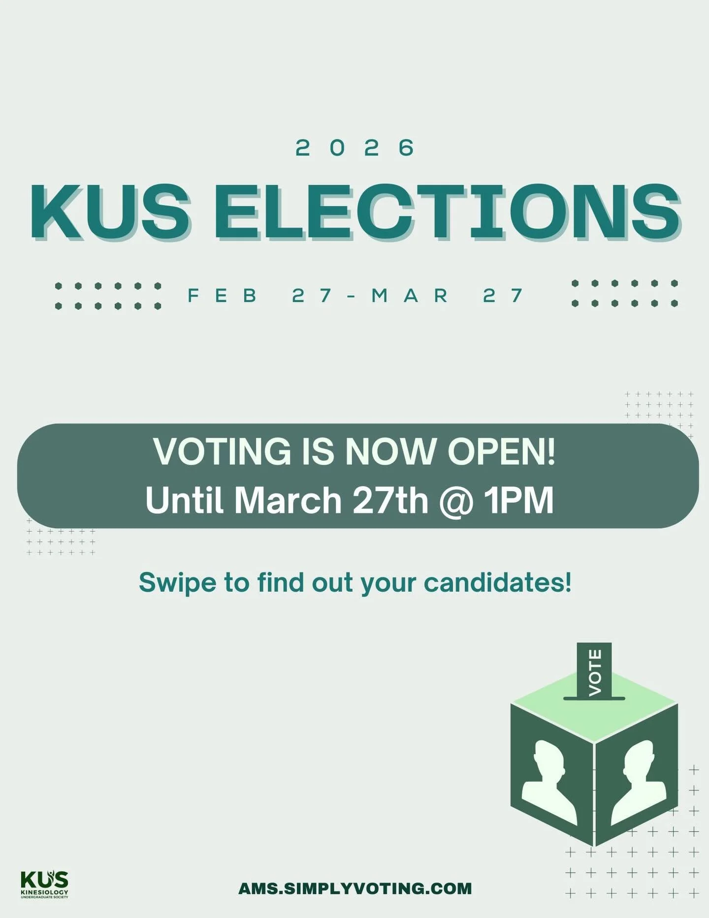 VOTING IS NOW OPEN FOR THE 2026 KUS ELECTIONS! 💚🗳️

View the list of candidates for your 2026/2027 KUS Executives. To learn more about each candidates&rsquo; platform, (head to the link in our bio. Be sure to make an informed vote and help us shape
