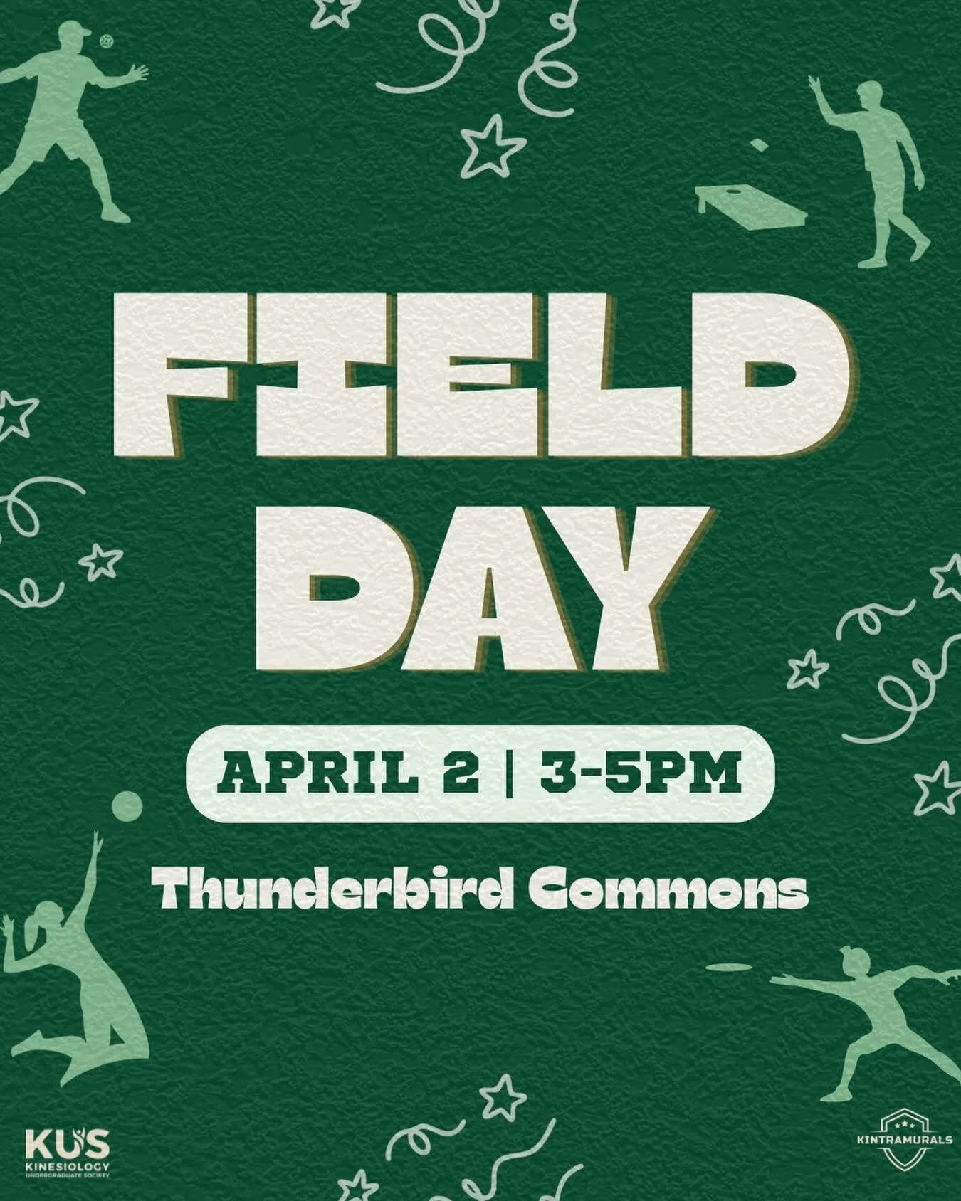 HI KINNERS!!💚

KINtramurals presents Field Day!! Feel free to swing by Thunderbird Commons with your friends to play spike ball, volleyball, frisbee and more with your KINmunity!!🏐🥏

Can&rsquo;t wait to see you there!🤗