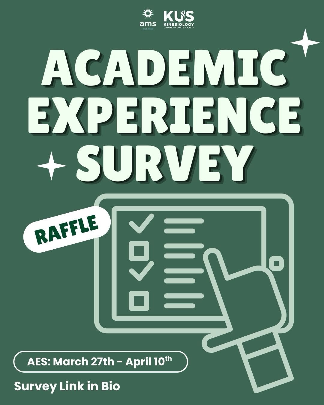 Hey Kinners!💚

Help the AMS advocate for what YOU want to see at UBC! YOUR response on the Academic Experience Survey (AES) leads to real, evidence-based changes at UBC.🫵🧑&zwj;💻

As a thank-you, everyone who completes the AES will be automaticall