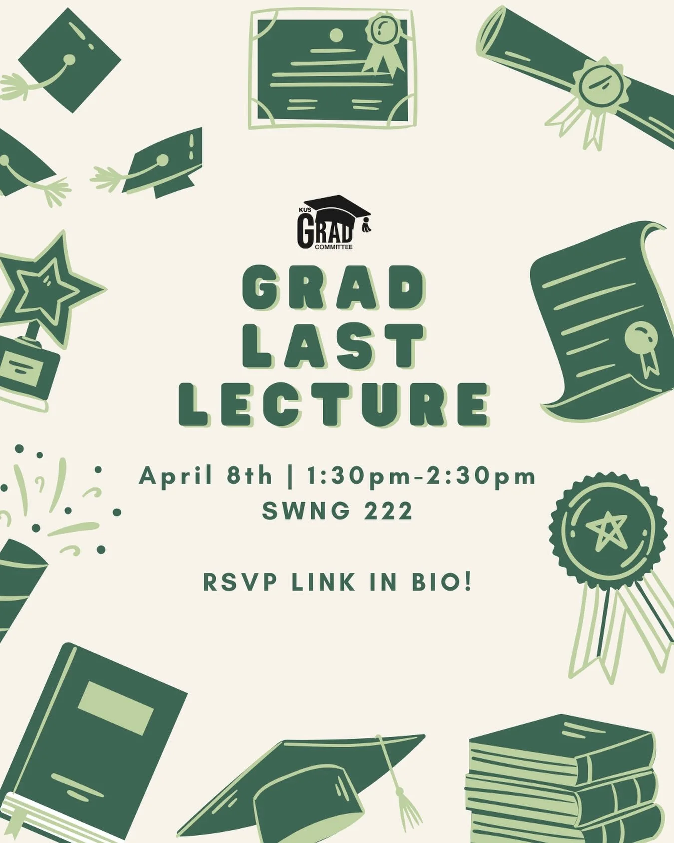 Hey Kin grads! 🎓💚

Join us for one last lecture featuring some of your favourite professors: David Wright, Paul Kennedy, and Michael Koehle for some wise (and fun) words of wisdom before embarking on a new journey ahead! 🤓🎉

Snacks and drinks wil