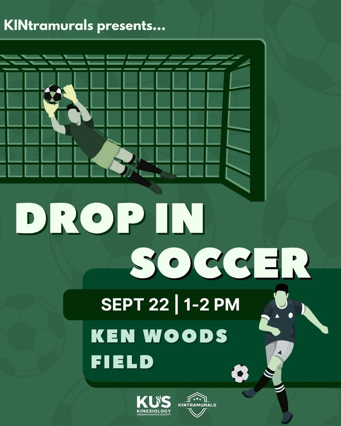 Ready to kick off the semester? ⚽️💥 Join us for our very first KINtramurals event of the year: Drop-In Soccer!

Whether you play every week or haven&rsquo;t touched a ball in years, all skill levels are welcome to come take a break from classes and 