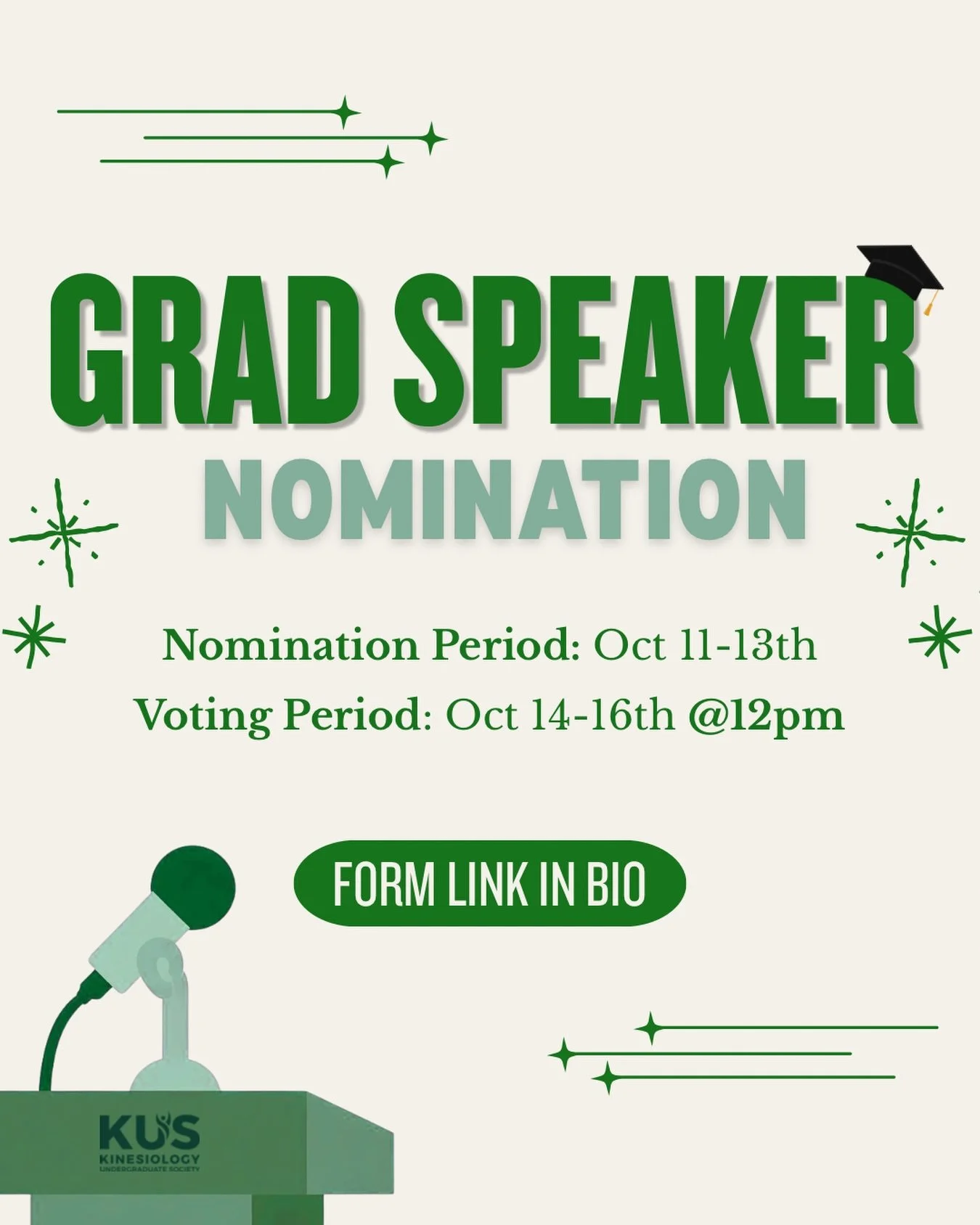 Hey KIN Grads🎓‼️

Grad Speaker Nominations are open NOW until October 13th! Nomination form link in bio📝