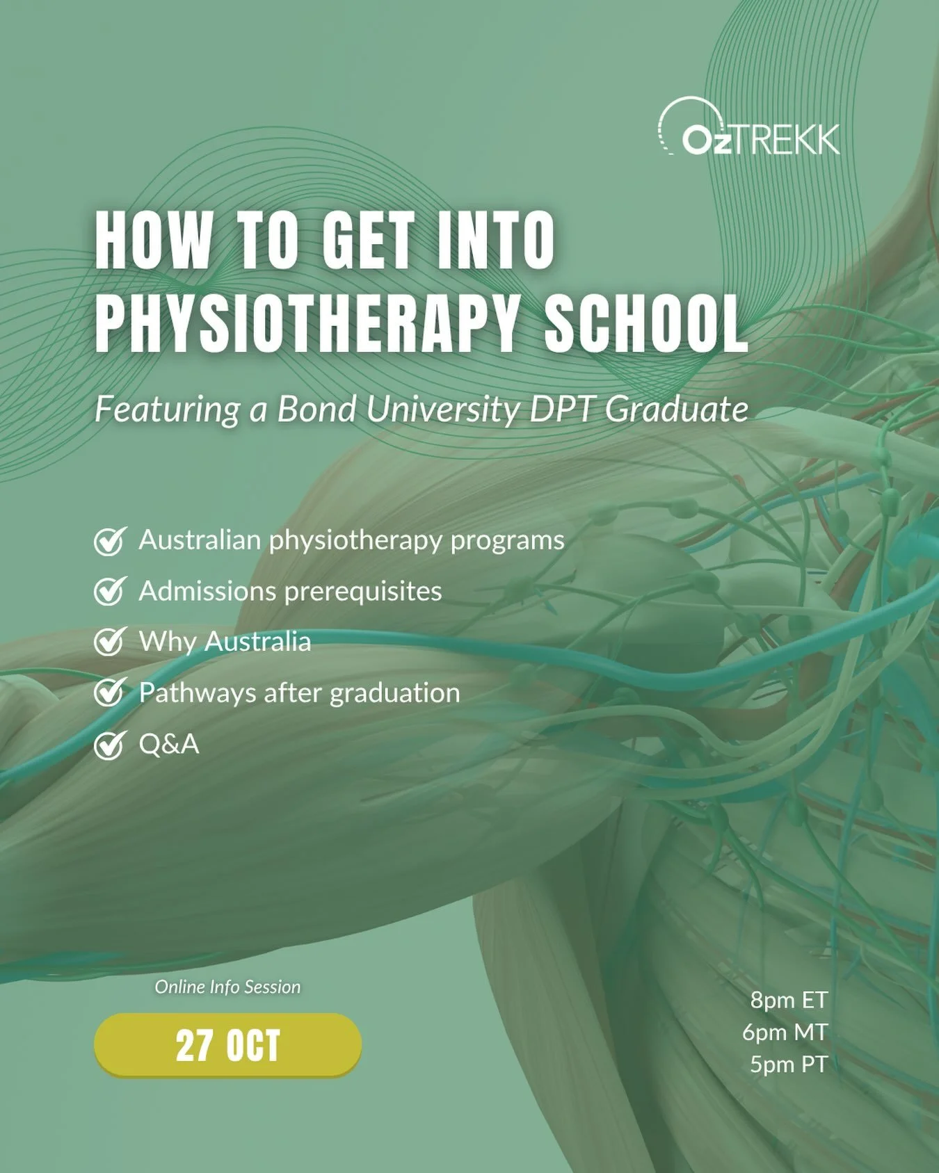 Thinking about physiotherapy school in Australia?🐨🇦🇺 

Join OzTREKK for How to Get into Physiotherapy School, featuring Samir, a Canadian and Bond University Doctor of Physiotherapy graduate who now practices as a physio in Cairns, Australia!🦘

?