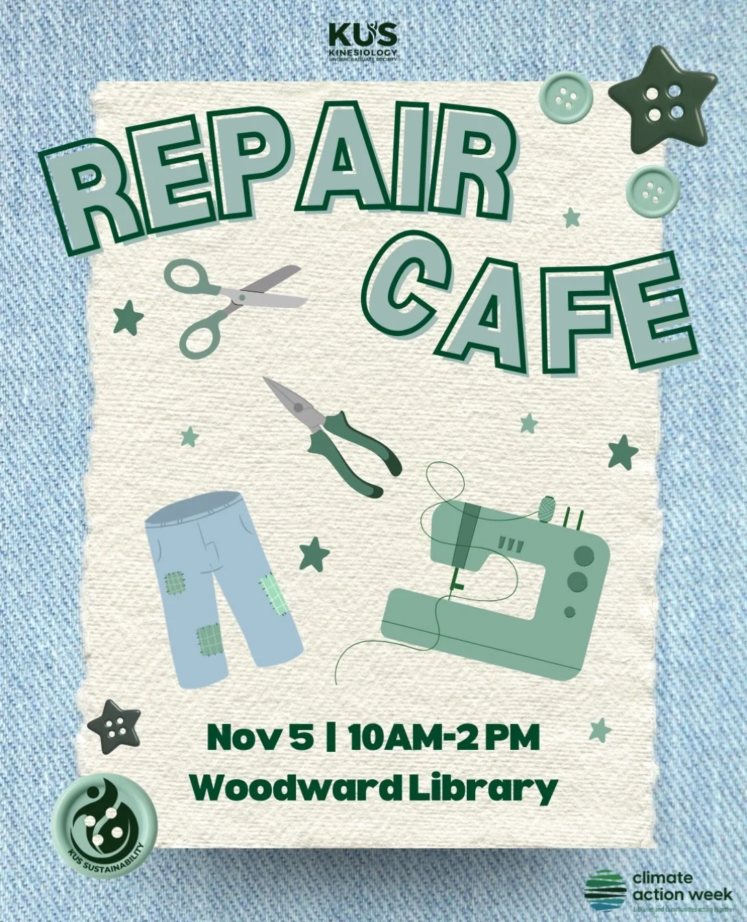 Hey Kinners🌟💚

Swing by the Repair Cafe and learn to fix your own clothes, bags, stuffed animals, jewelry, and more🪡🧸👖

Not a crafty person? Join us for a snack and make a reusable beeswax wrap🐝

We hope to see you there!

Note: The Repair Cafe