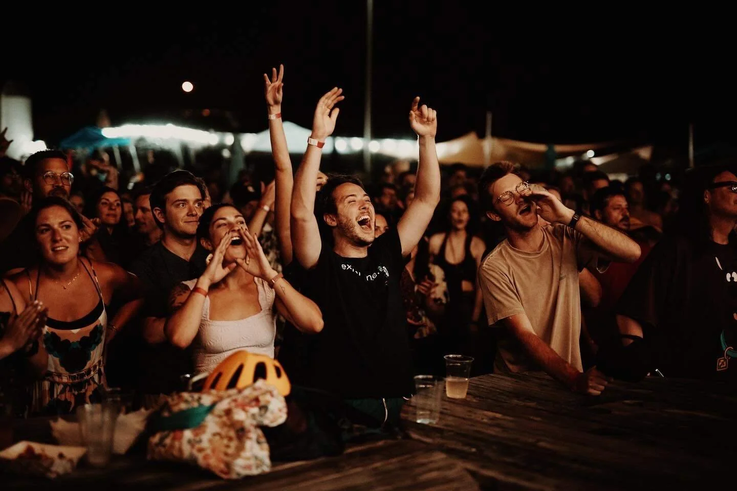 Crowd of people at a concert or festival enjoying music, some with hands raised, smiling, cheering, and singing along at night.