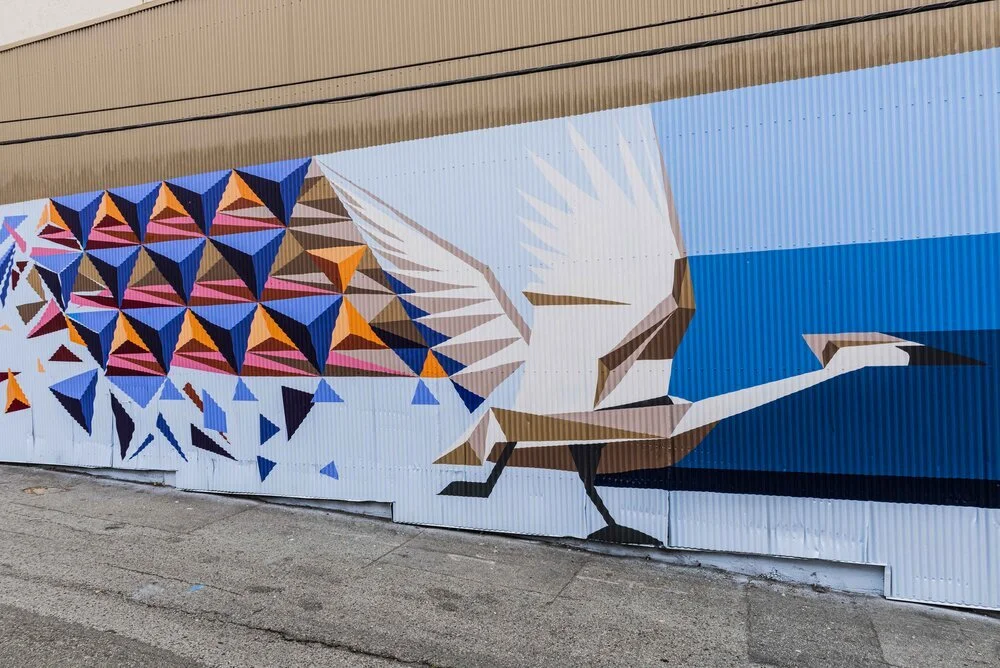 Mural of a trumpeter swan running. The background is shades of blue with geometric multi coloured shapes that are found in traditional Salish woven patterns.
