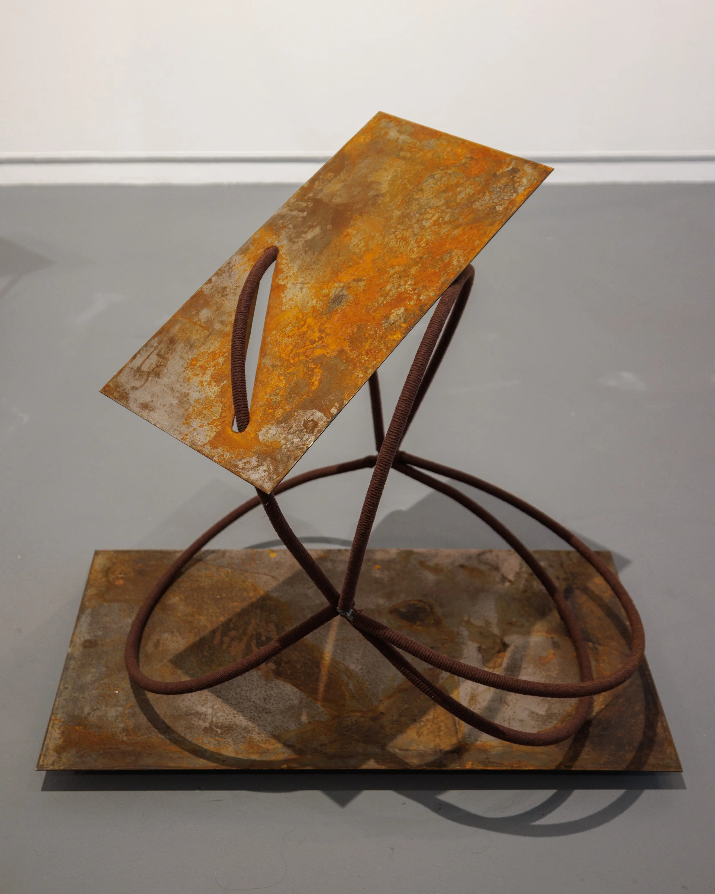 The echo that helps recover my equilibrium, 2026
Dyed cotton cord, hand rusted steel
27” x 25” x 16”