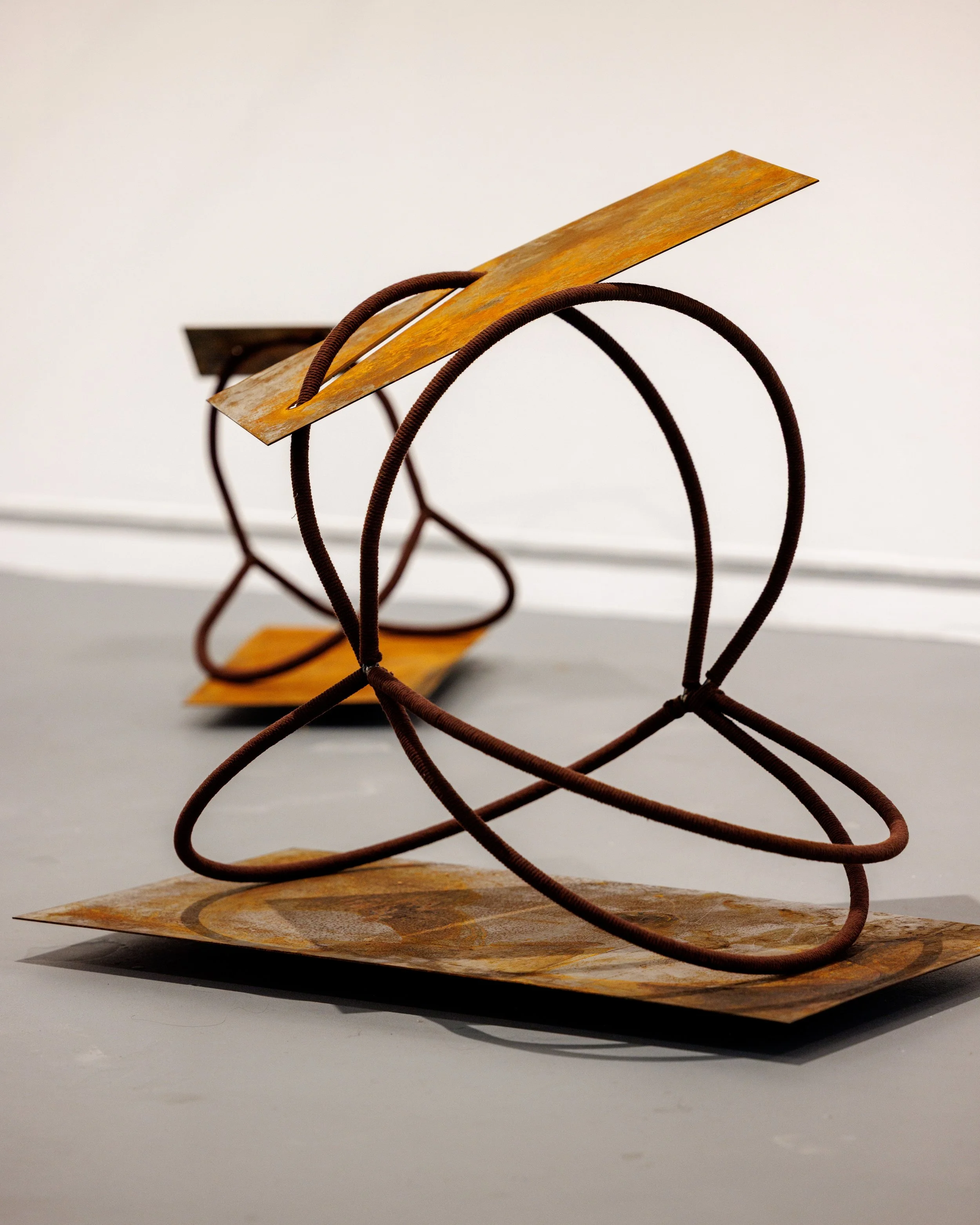 The echo that helps recover my equilibrium, 2026
Dyed cotton cord, hand rusted steel
27” x 25” x 16”

Spray the perfume of your smiles on the incision, 2026
Dyed cotton cord, hand rusted steel
18” x 20” x 16”