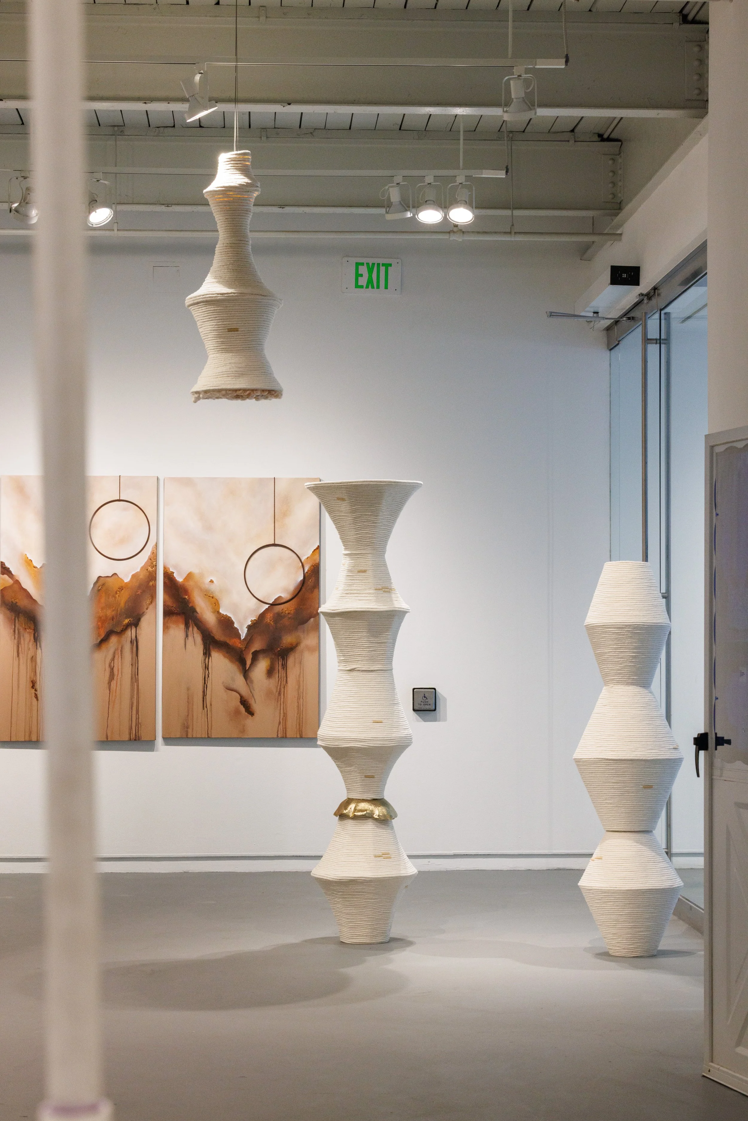 Inject the song of life into my veins to wake me up, 2026
Steel, cotton cord, yarn, acrylic yarn
80” x 19” x 17”

When you open my ear, touch it gently, 2026
Steel, cotton cord, yarn,  acrylic yarn
68” x 19” x 17”

When you stitch the cut, 2026
Steel