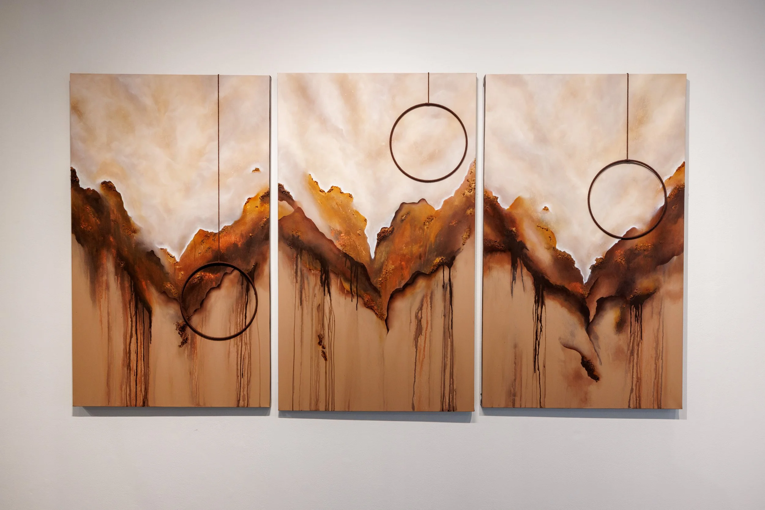 You may encounter, 2026
Acrylic, aerosol, metal powders, and dyed cotton cord on canvas
72” x 25 ½” x 17”