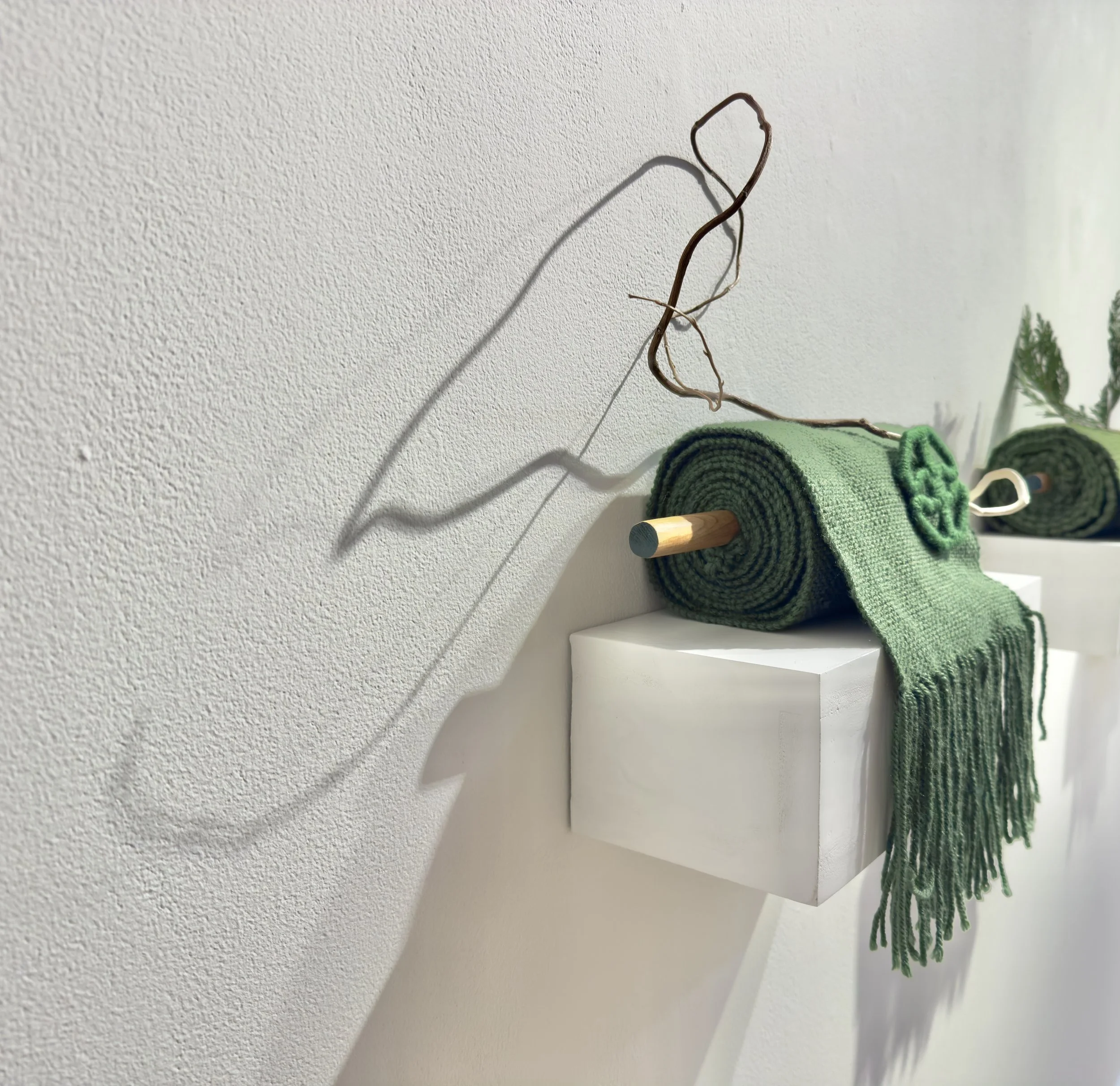 Propagate Through Space and Time Dimensions variable
Acrylic yarn, wood, branch, pine, audio samples 2026