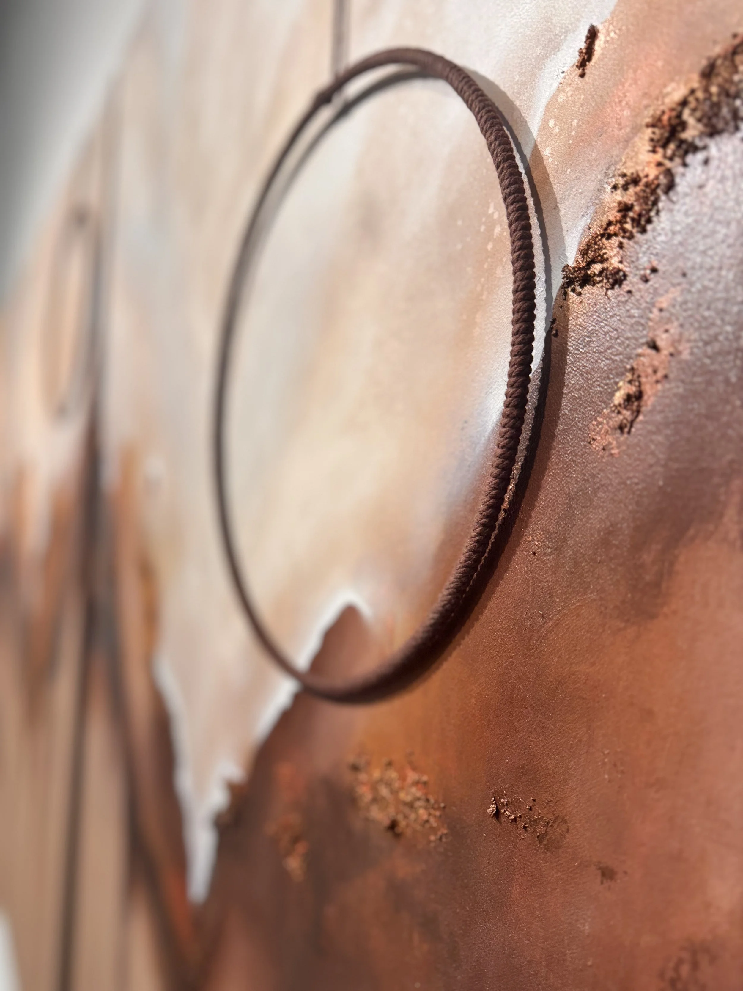 You may encounter, 2026, Detail
Acrylic, aerosol, metal powders, and dyed cotton cord on canvas
72” x 25 ½” x 17”