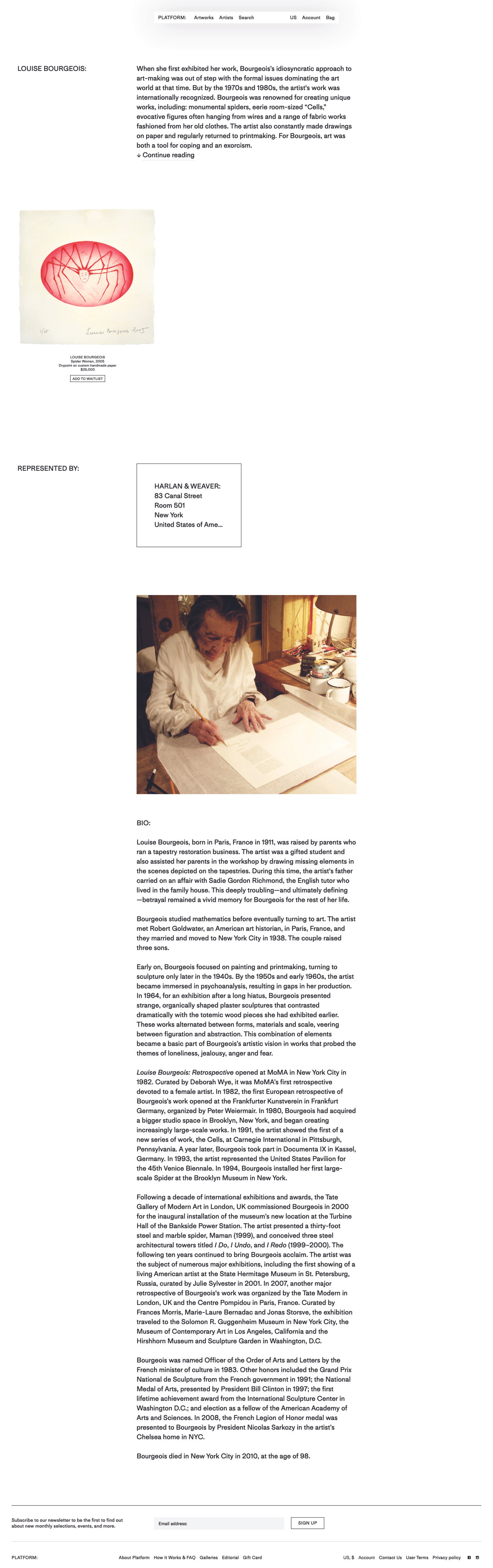 Louise Bourgeois' artist bio on David Zwirner's Platform