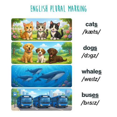 Illustrated chart showing examples of English plural pronunciation patterns with cats, dogs, whales, and buses alongside IPA phonetic transcriptions.