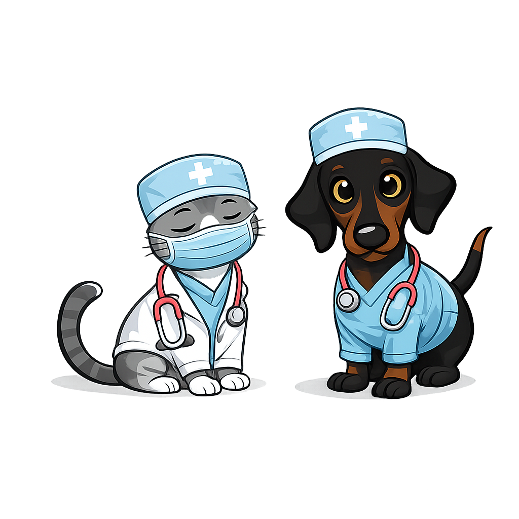 Cartoon of a gray cat and a black and brown dog dressed as healthcare professionals, both wearing medical scrubs, masks, stethoscopes, and nurse caps with crosses.