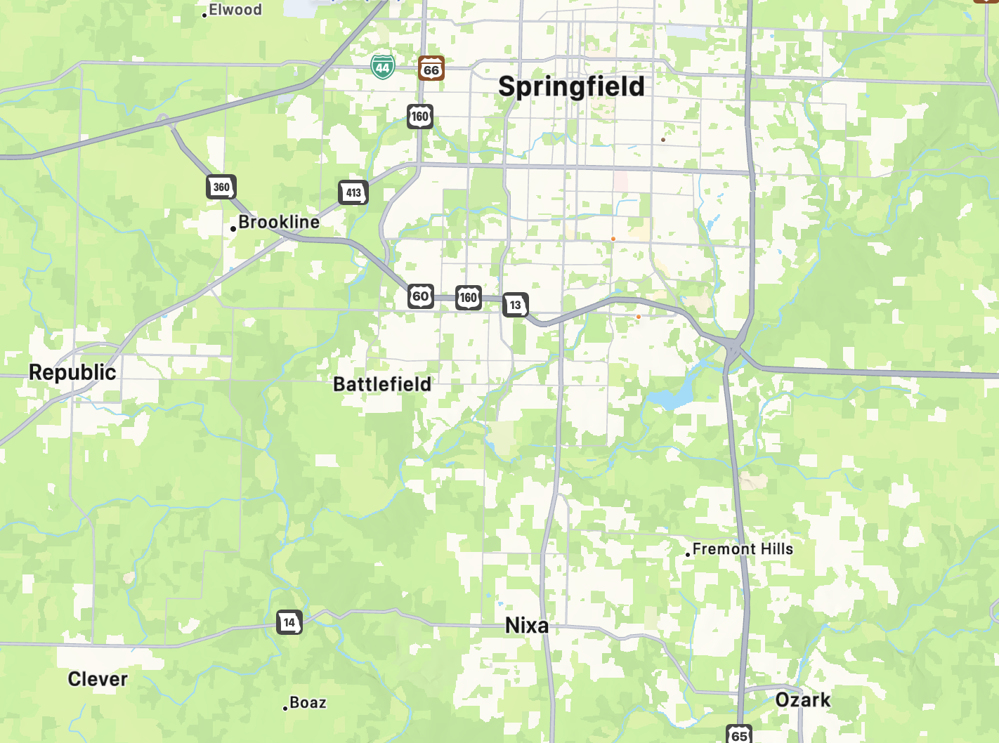 Map of Springfield, Missouri and surrounding towns, showing major highways including I-44, US 66, and US 60.