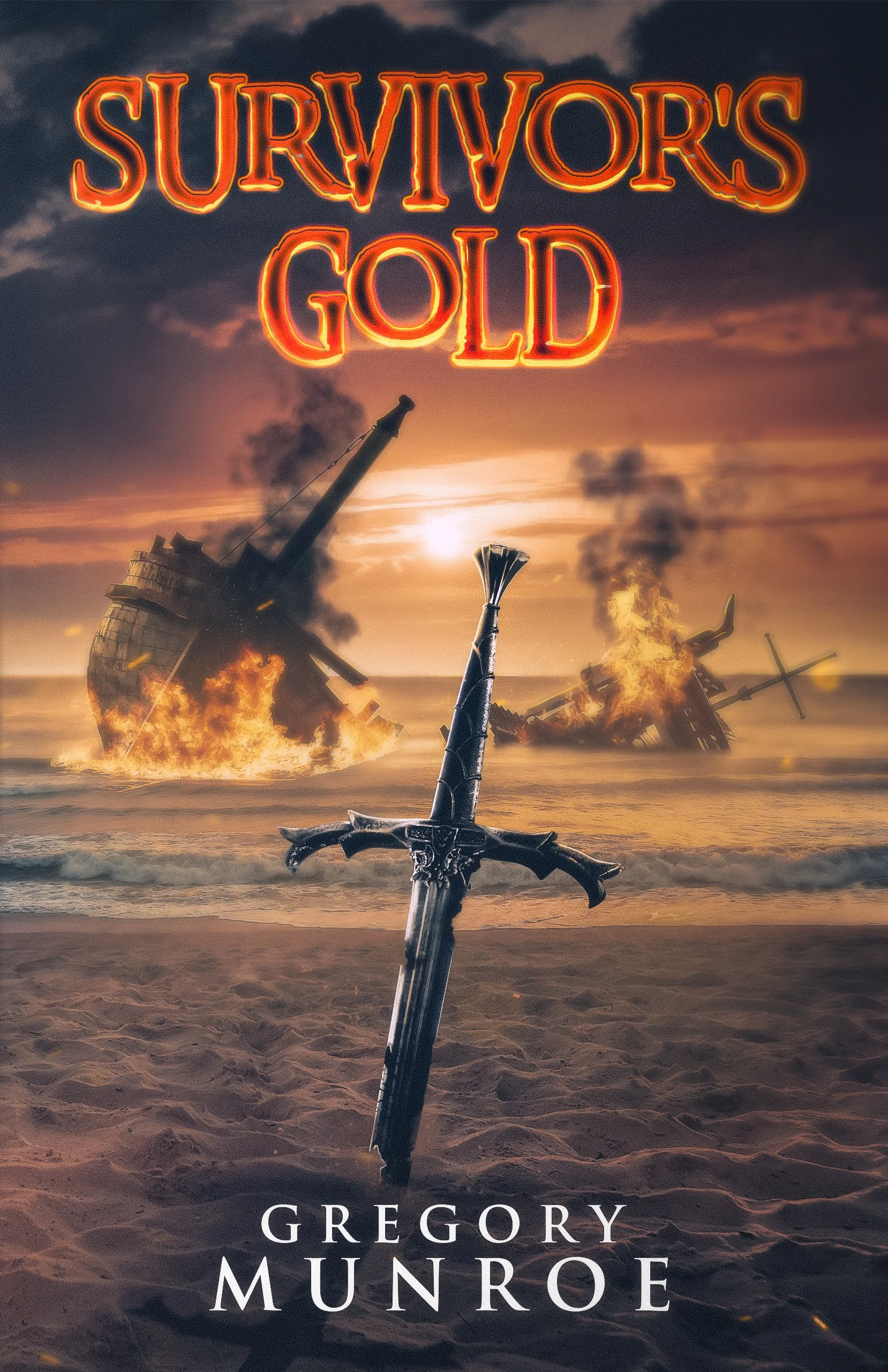 Fantasy pirate book cover featuring sword stuck in beach with burning boat in background