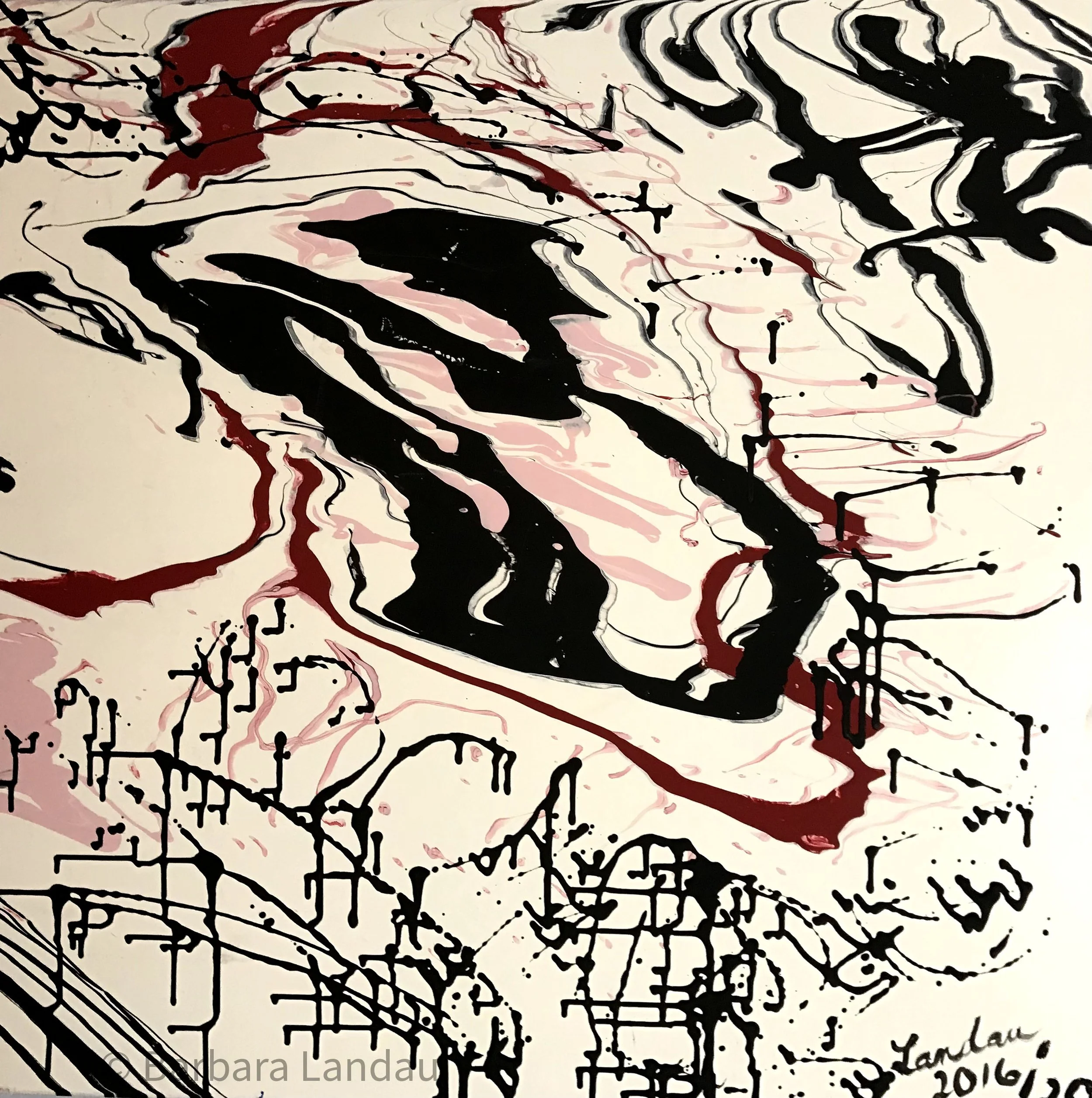 Reptiles of the Mind (or Eye in the Sky)©️2016 Barbara Landau - Acrylic, Mixed Media on Canvas  - 36” x 36” x 1.5”